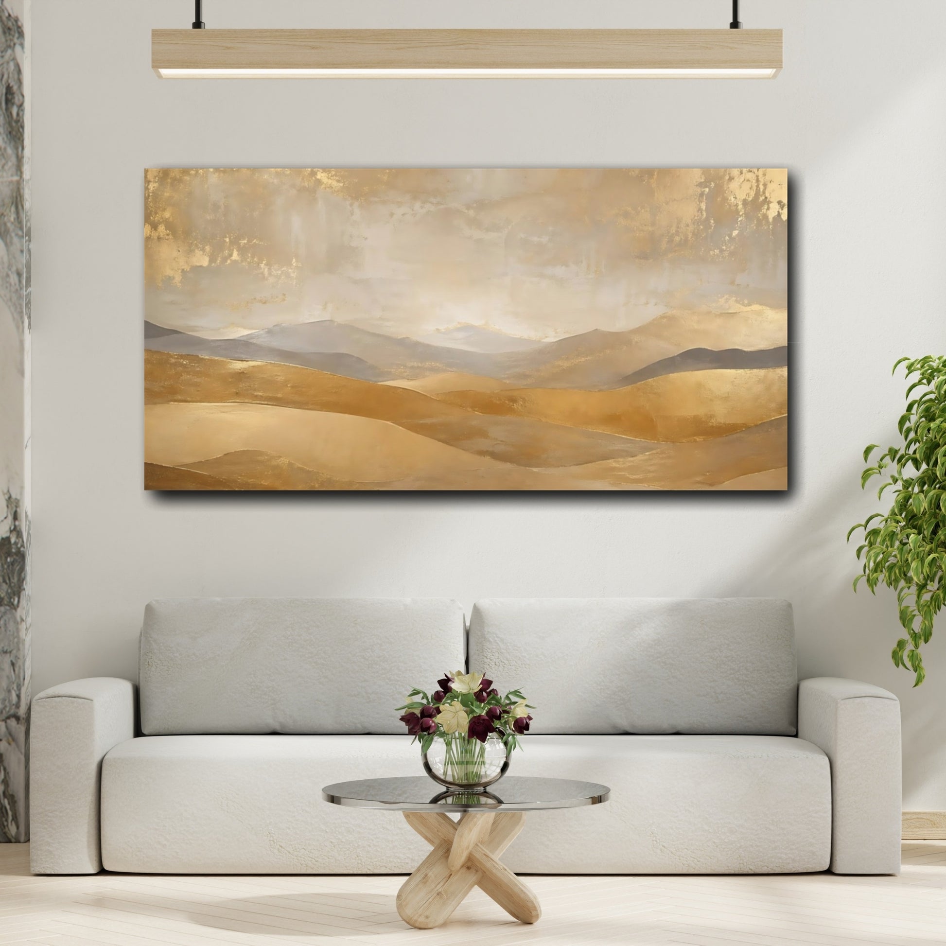 Mockup 3. Nature Golden Hills Gold And Beige shown as stretched canvas wall art