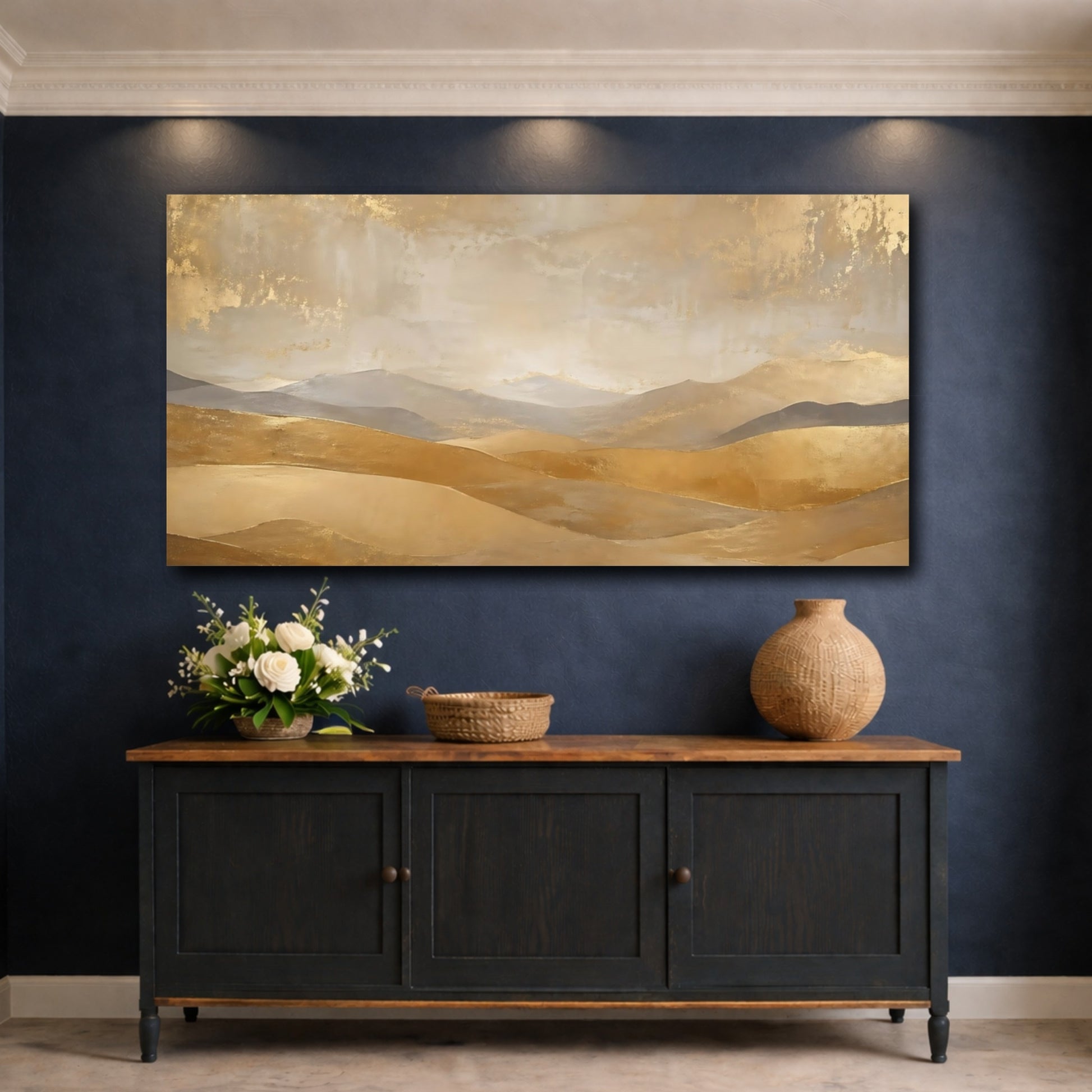Mockup 4. Nature Golden Hills Gold And Beige shown as stretched canvas wall art