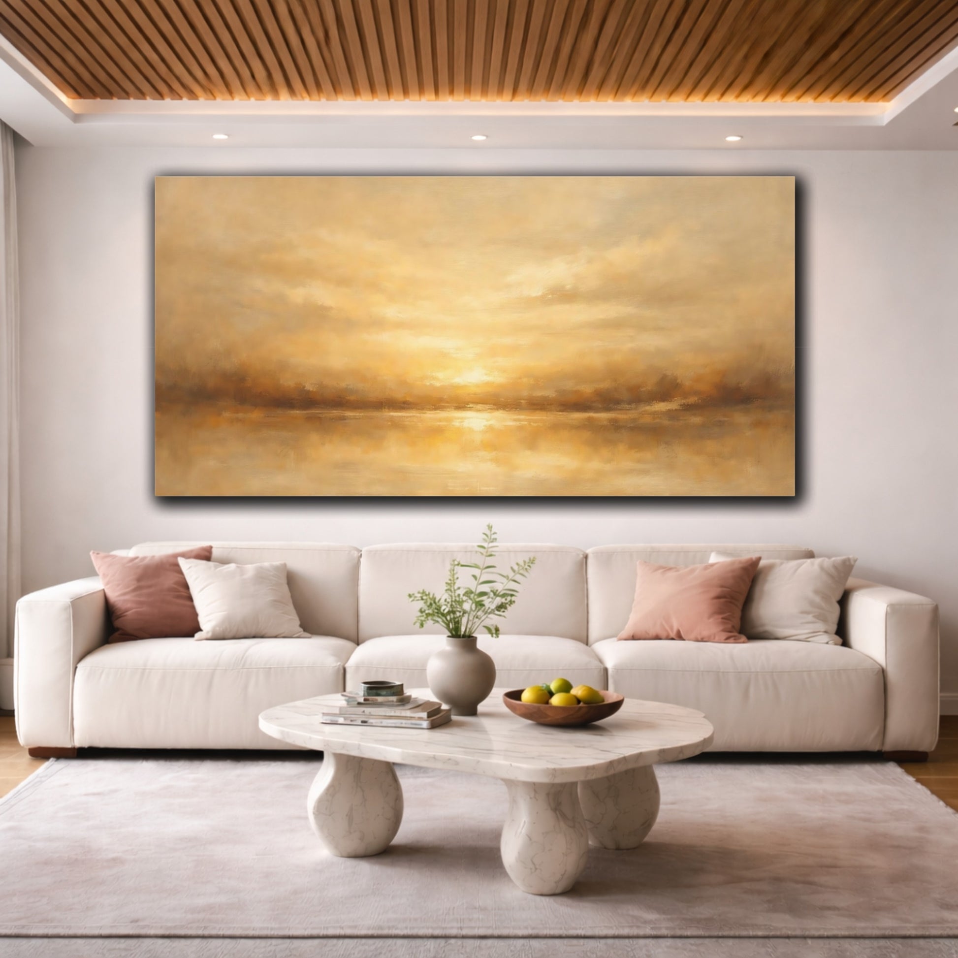 Mockup 3. Nature Golden Horizon Brown And Gold shown as stretched canvas wall art