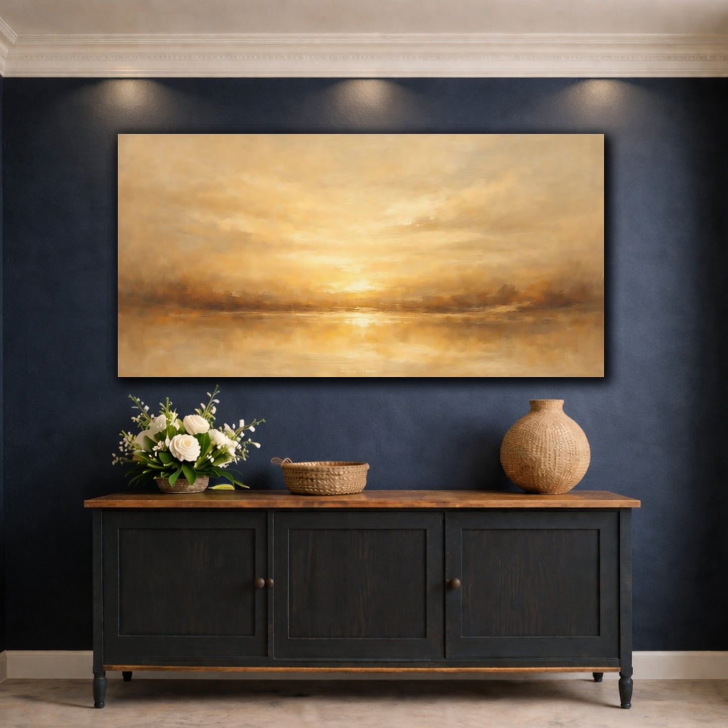 Mockup 4. Nature Golden Horizon Brown And Gold shown as stretched canvas wall art