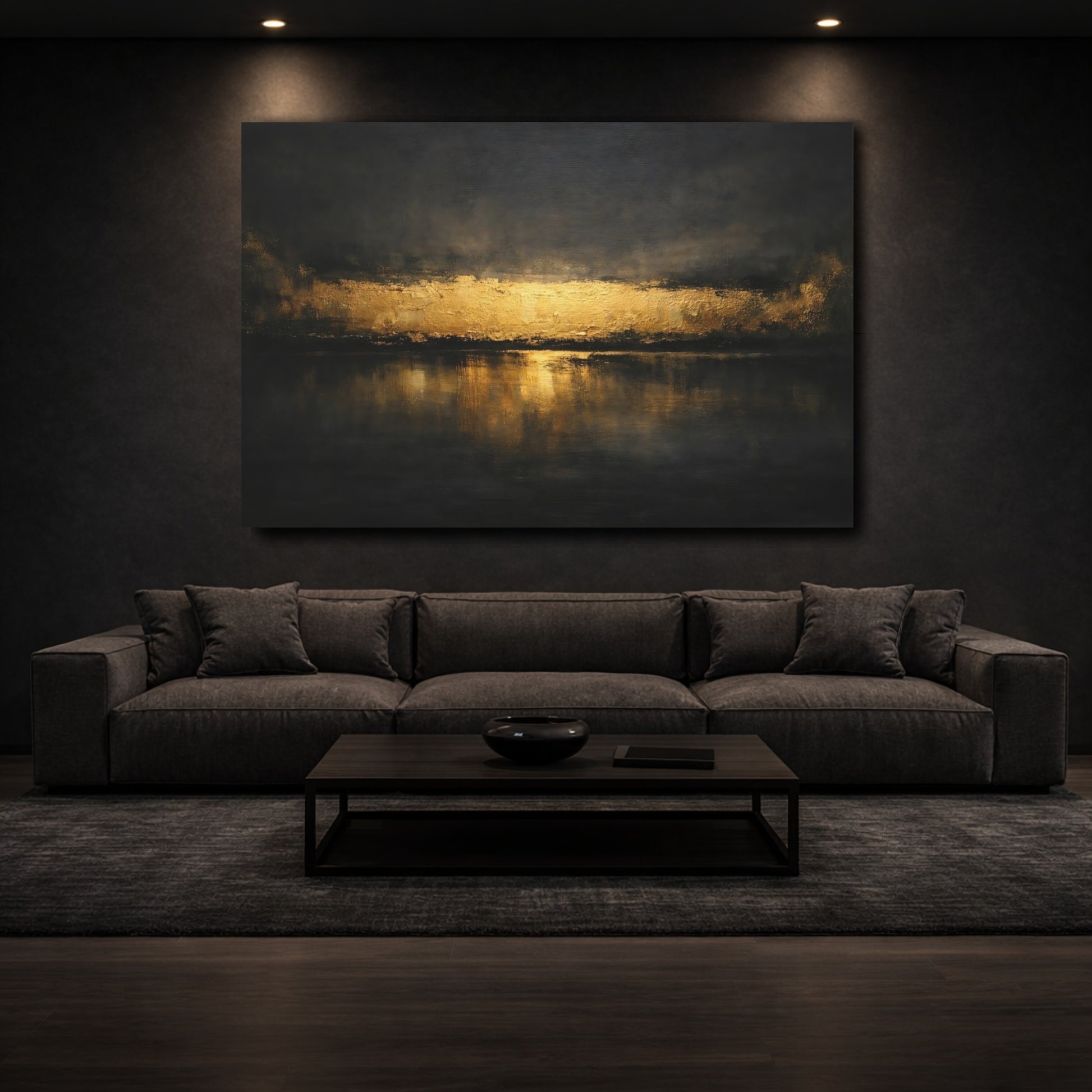 Mockup 2. Nature Golden Horizon Gold And Black shown as stretched canvas wall art