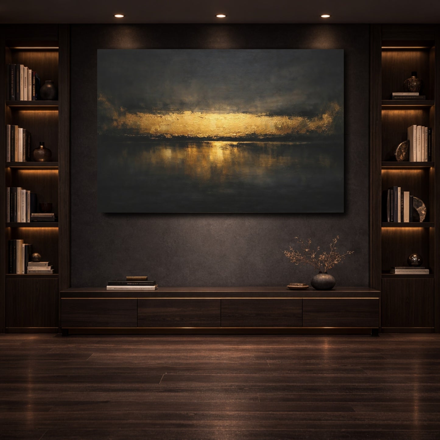 Mockup 3. Nature Golden Horizon Gold And Black shown as stretched canvas wall art