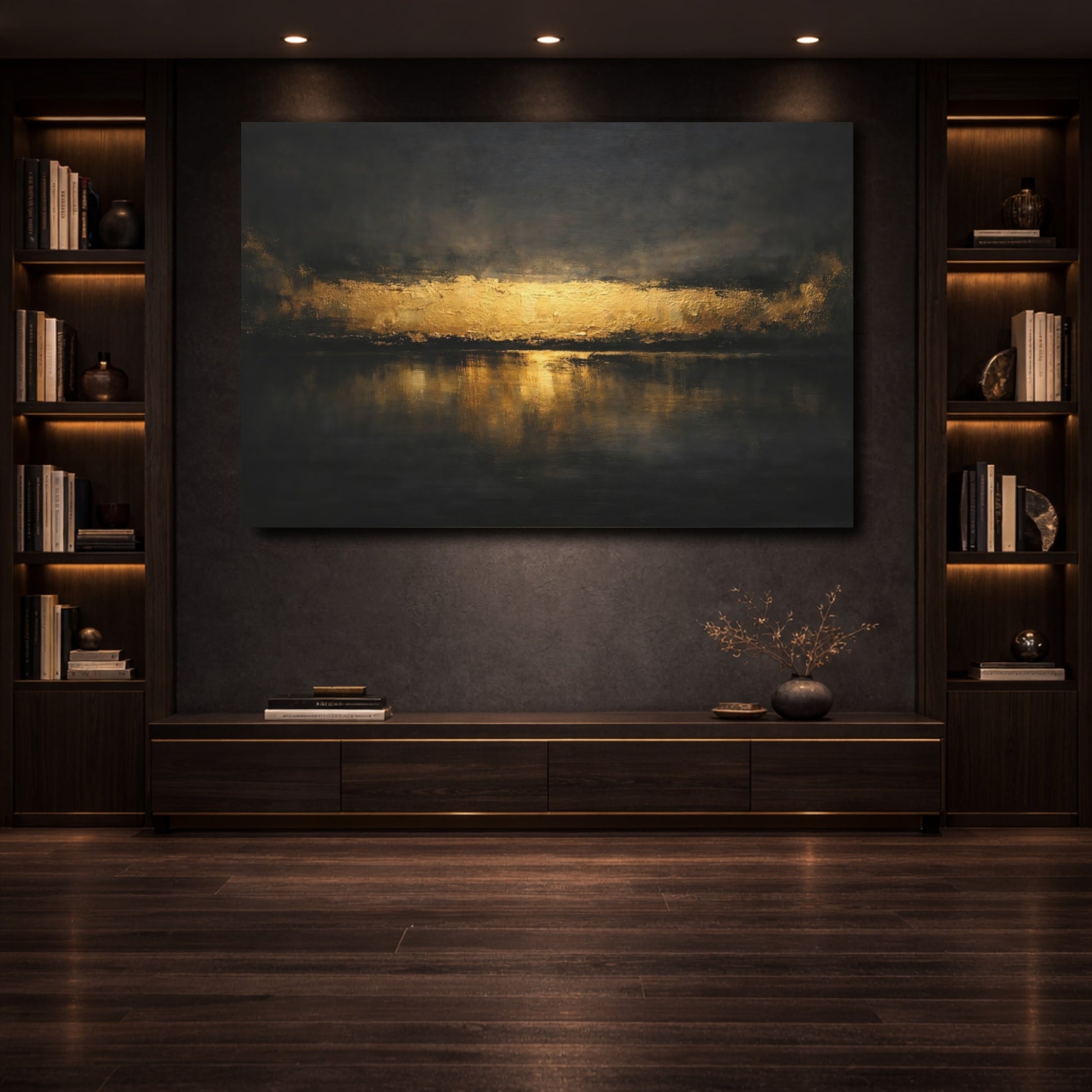Mockup 3. Nature Golden Horizon Gold And Black shown as stretched canvas wall art
