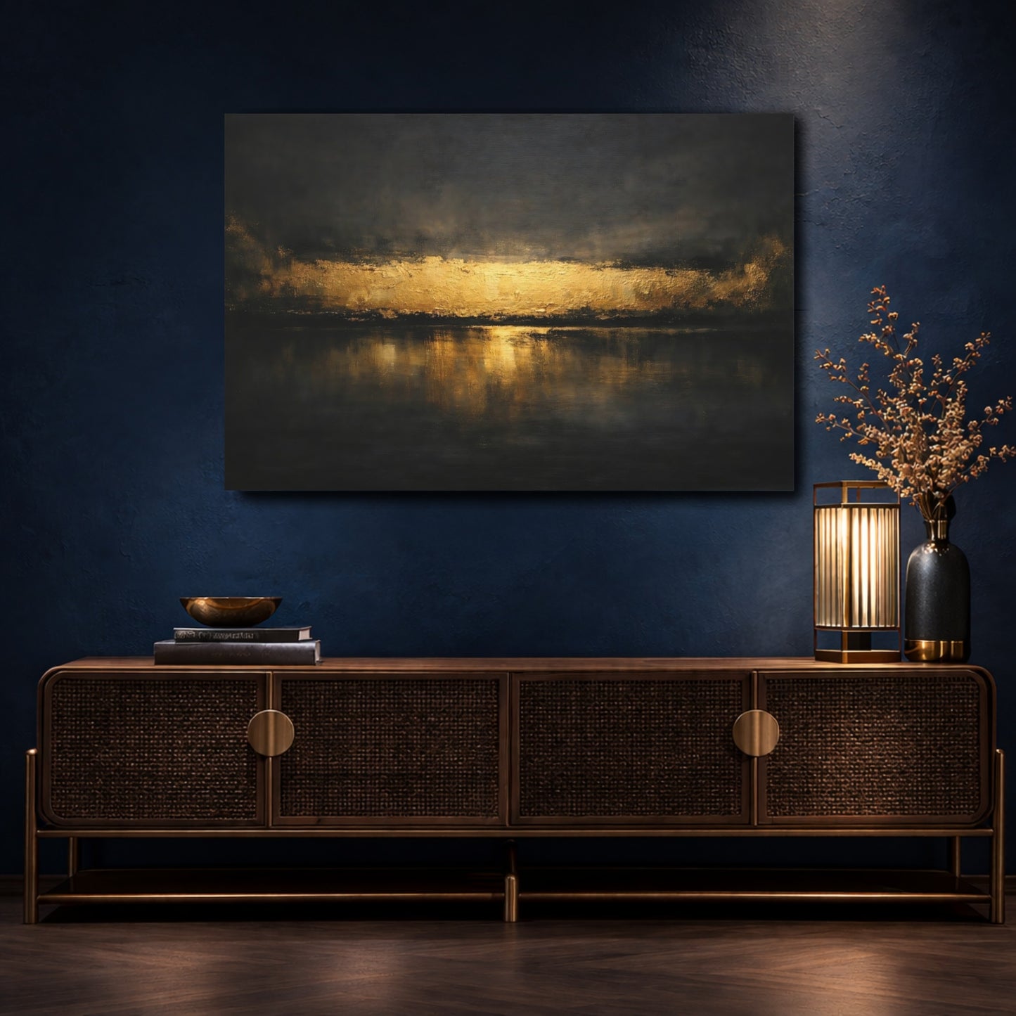 Mockup 4. Nature Golden Horizon Gold And Black shown as stretched canvas wall art