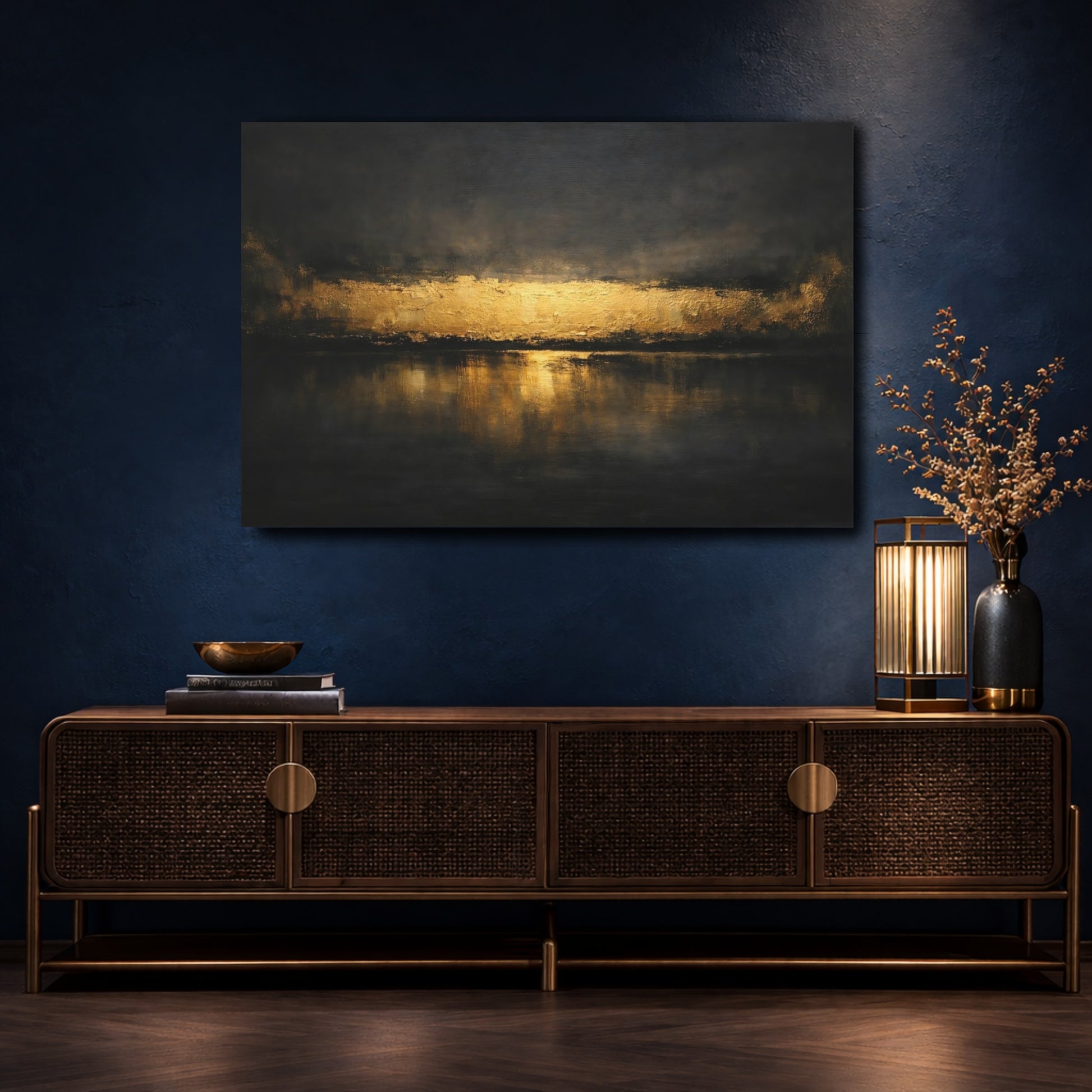 Mockup 4. Nature Golden Horizon Gold And Black shown as stretched canvas wall art