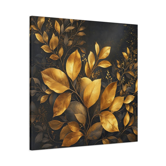 Main Mockup. Nature Golden Leaves Gold And Dark shown as stretched canvas wall art