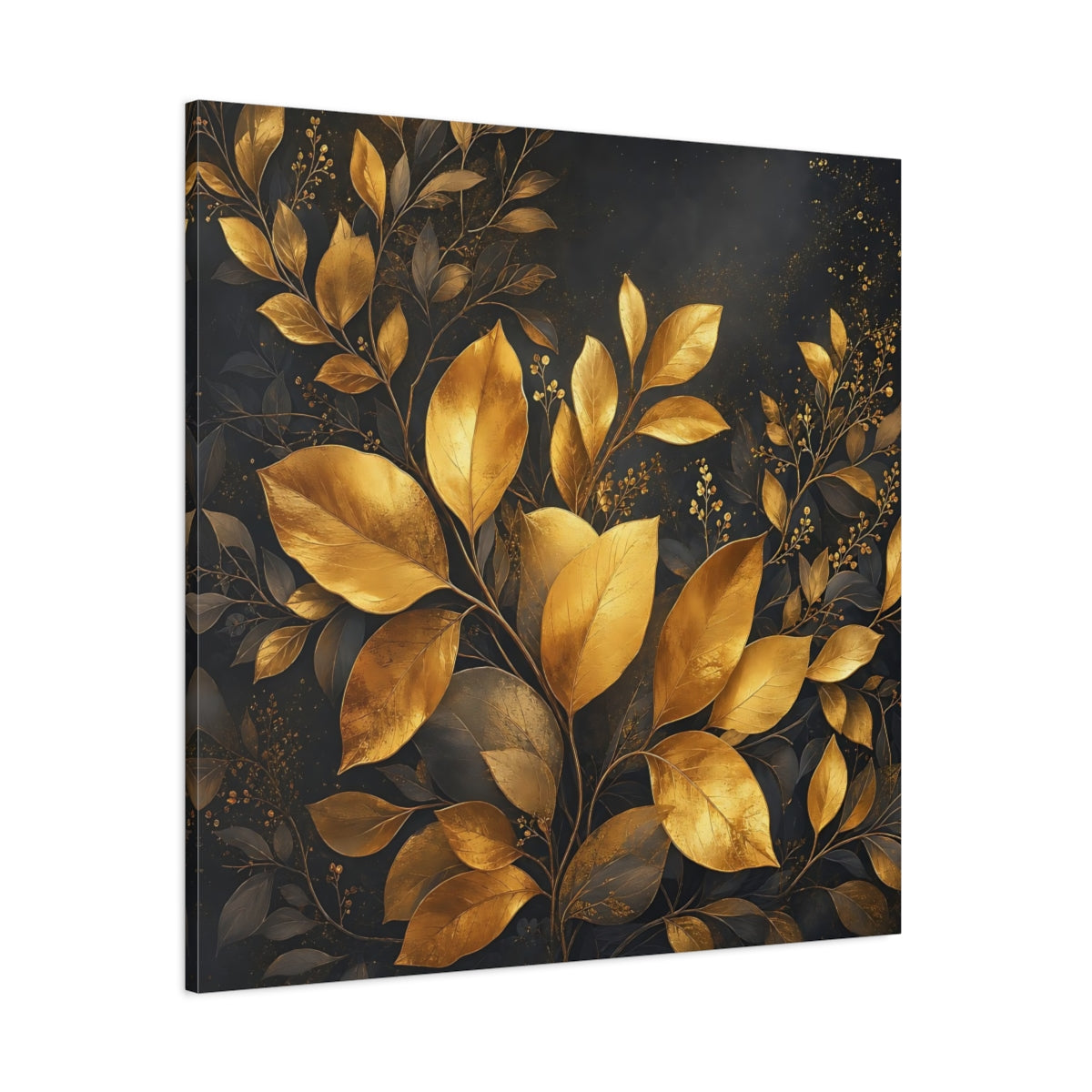 Side Mockup 1. Nature Golden Leaves Gold And Dark shown as stretched canvas wall art