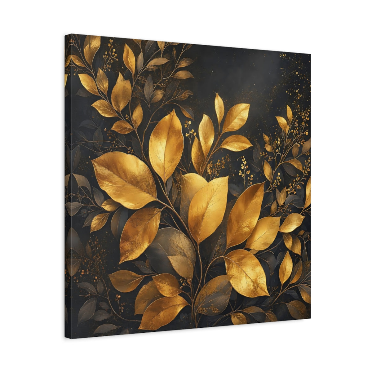 Side Mockup 4. Nature Golden Leaves Gold And Dark shown as stretched canvas wall art