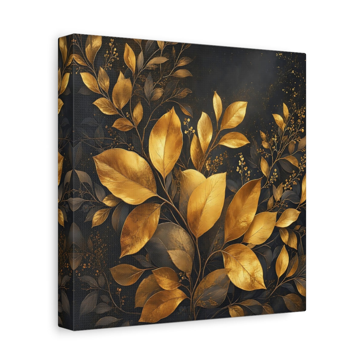 Side Mockup 9. Nature Golden Leaves Gold And Dark shown as stretched canvas wall art