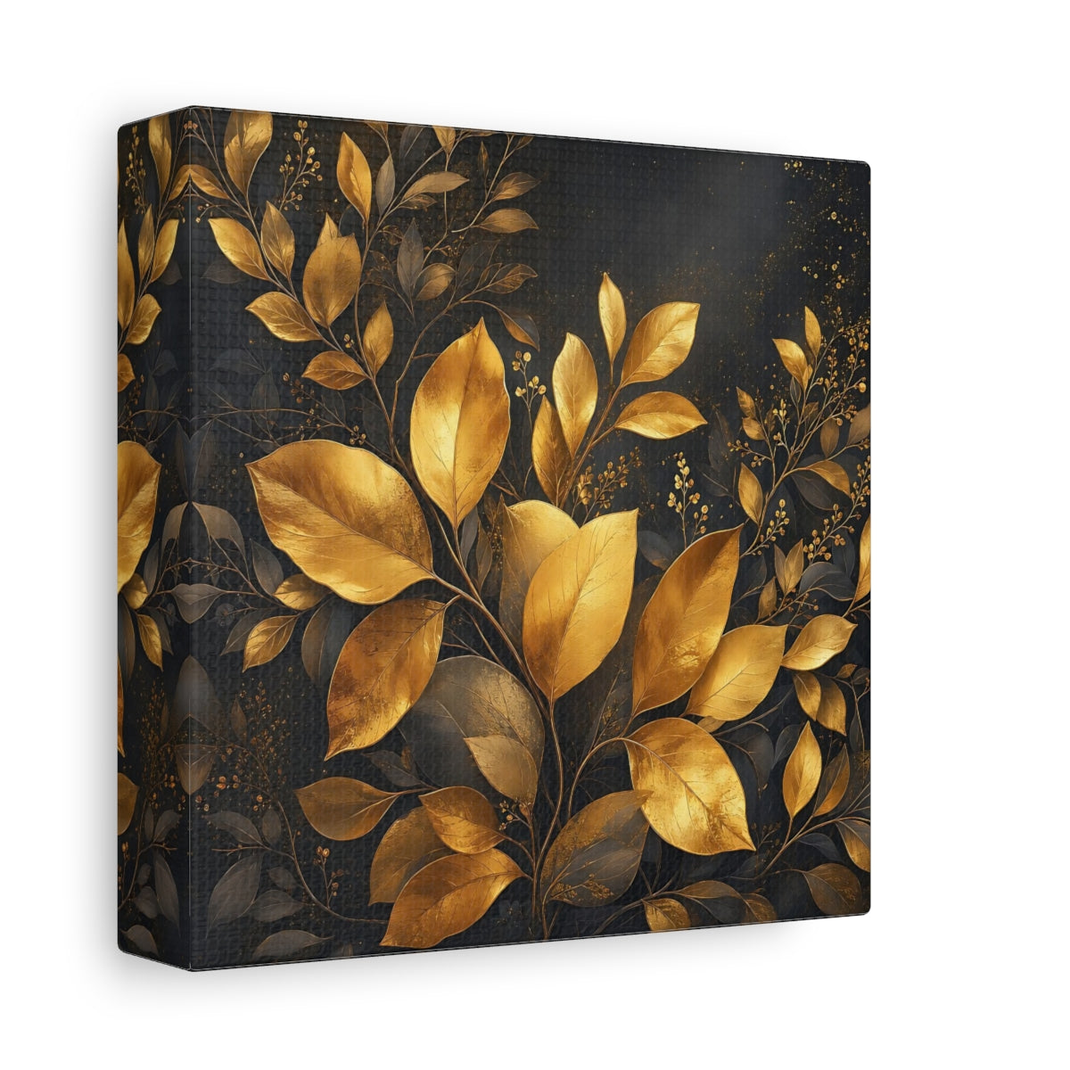 Side Mockup 2. Nature Golden Leaves Gold And Dark shown as stretched canvas wall art