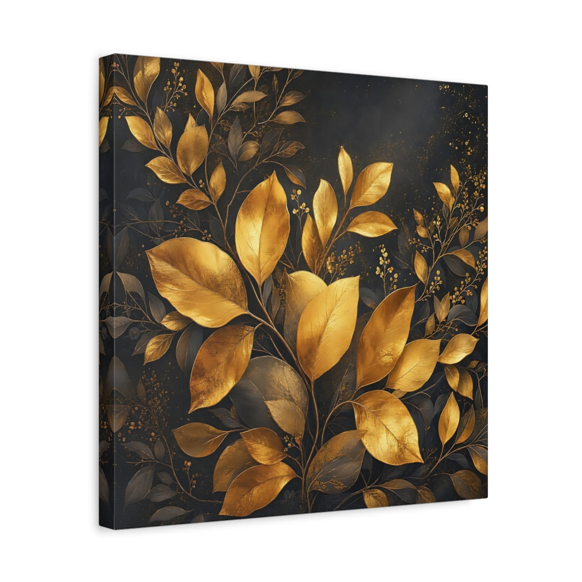 Side Mockup 6. Nature Golden Leaves Gold And Dark shown as stretched canvas wall art