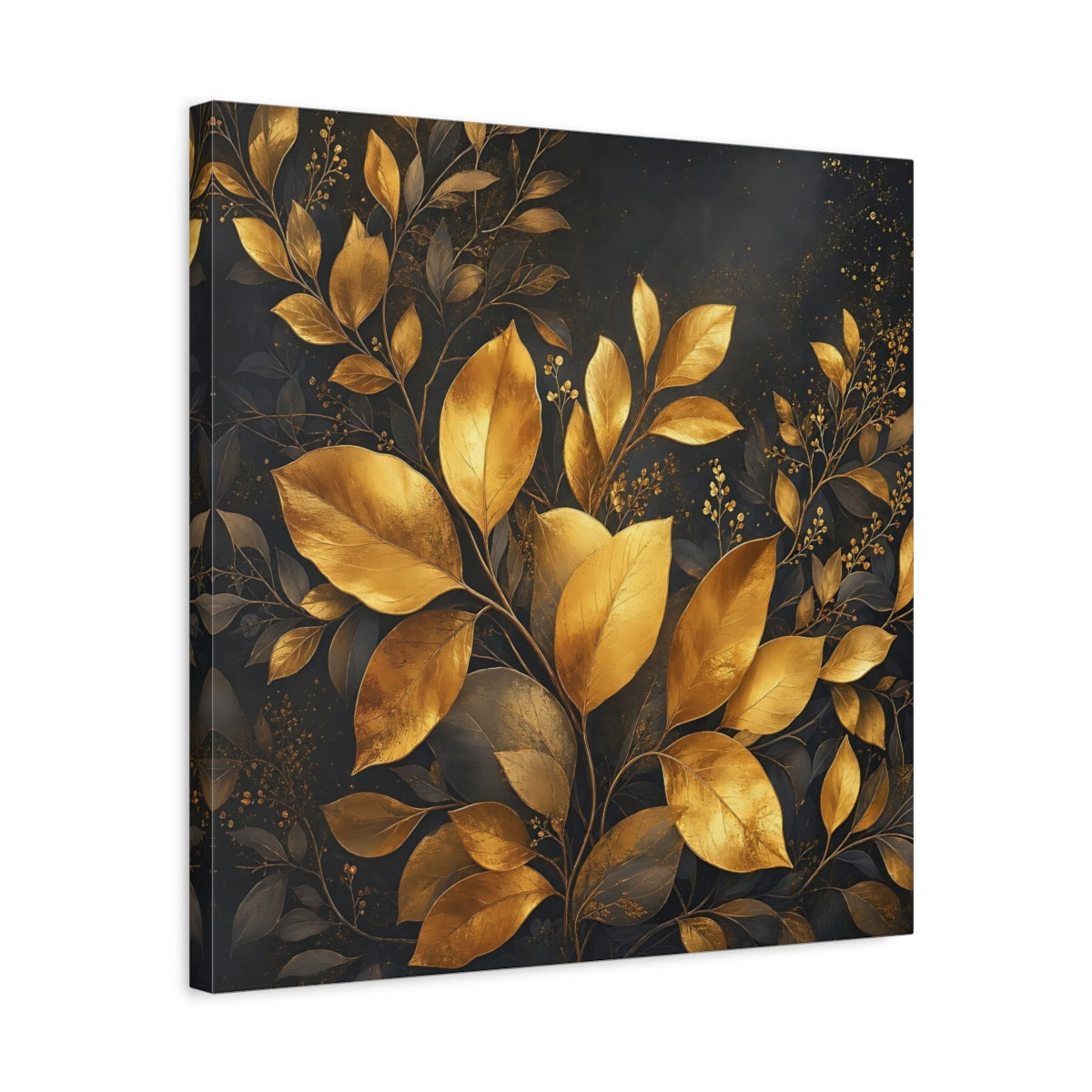 Side Mockup 5. Nature Golden Leaves Gold And Dark shown as stretched canvas wall art