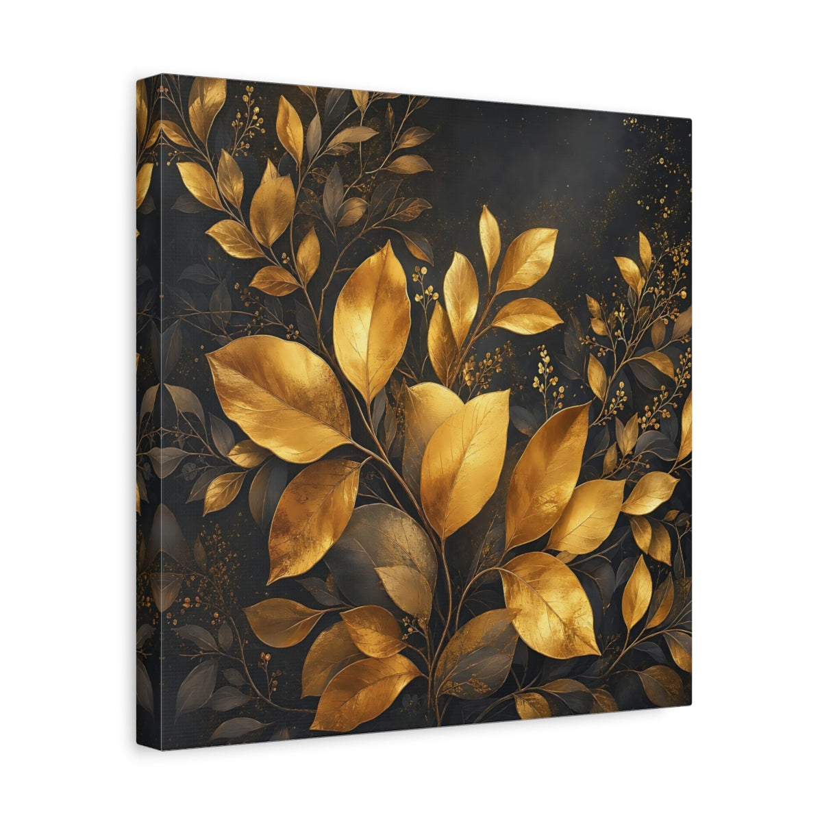 Side Mockup 7. Nature Golden Leaves Gold And Dark shown as stretched canvas wall art
