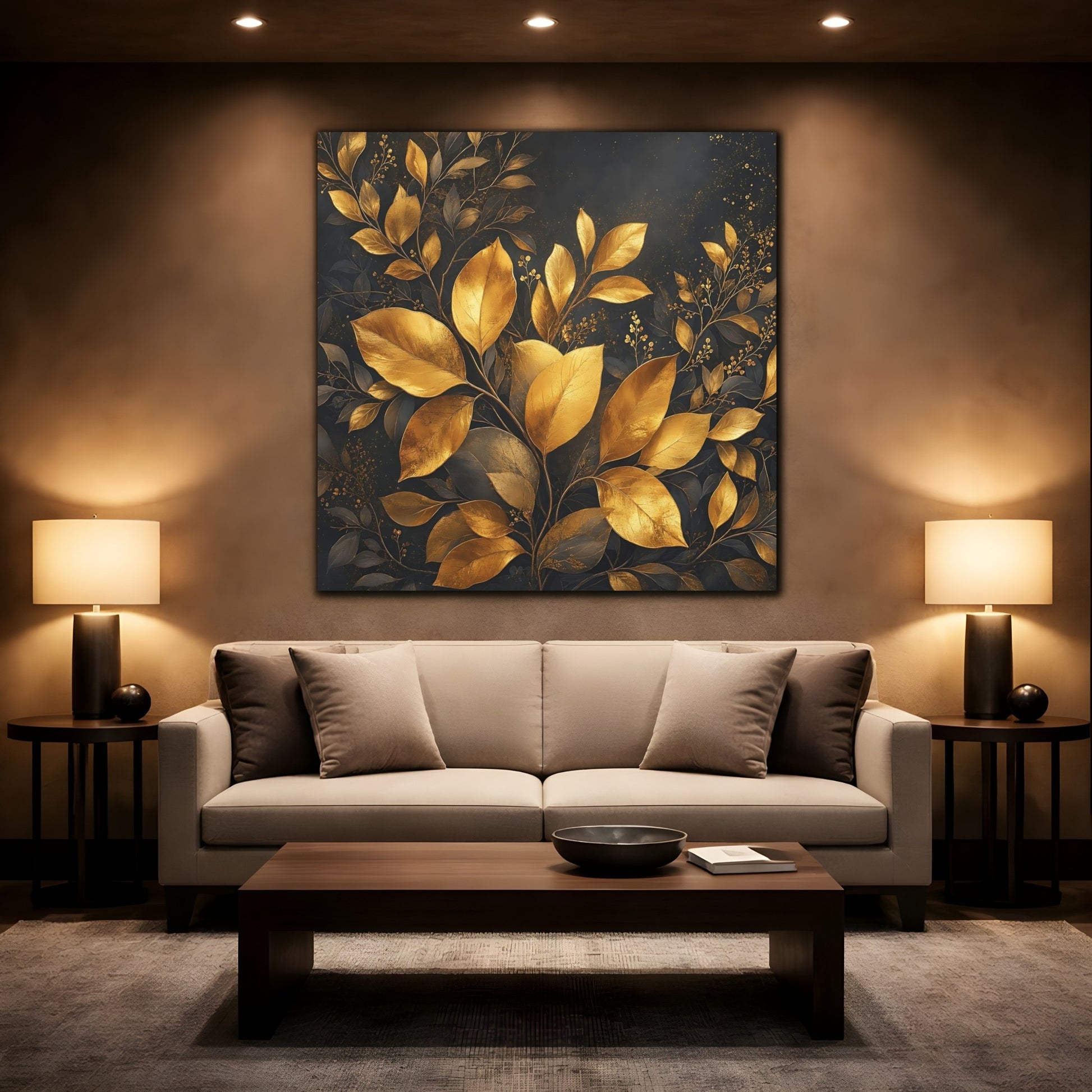 Mockup 2. Nature Golden Leaves Gold And Dark shown as stretched canvas wall art