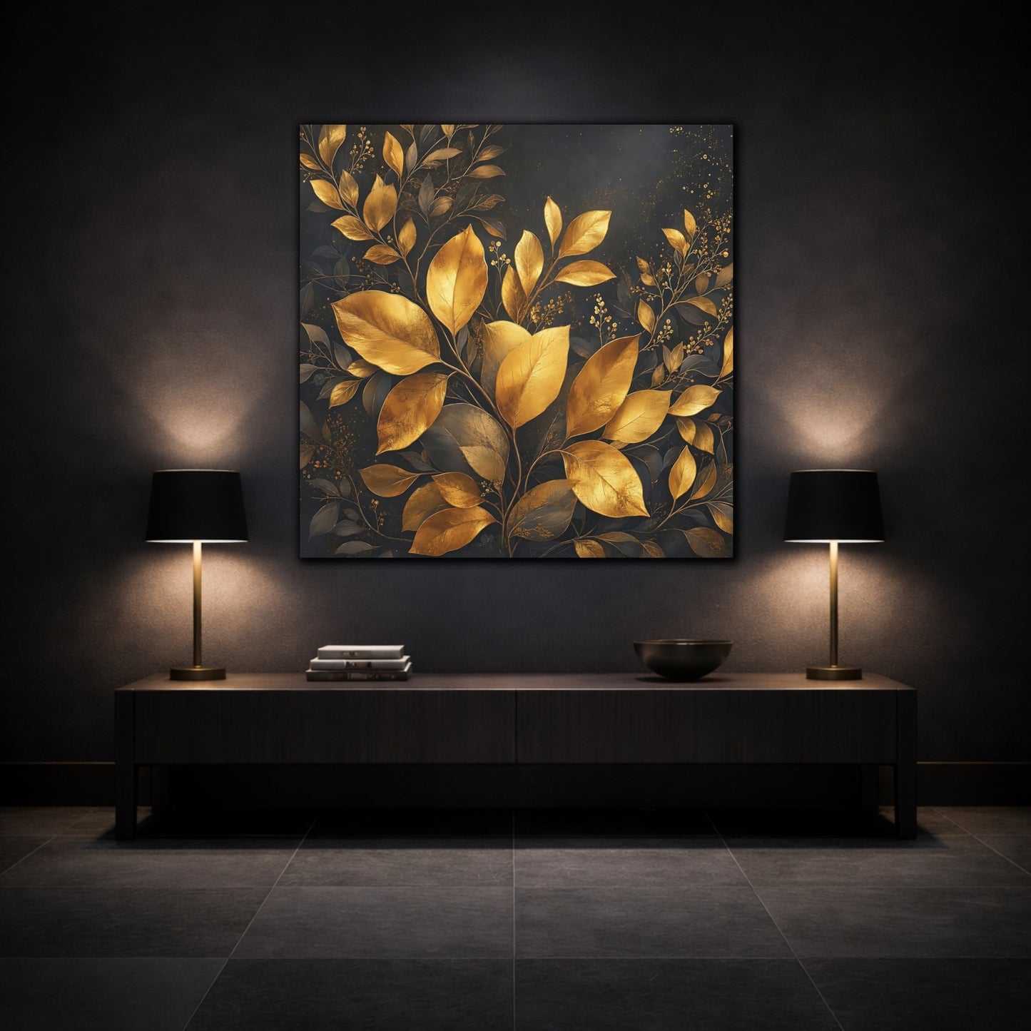 Mockup 3. Nature Golden Leaves Gold And Dark shown as stretched canvas wall art