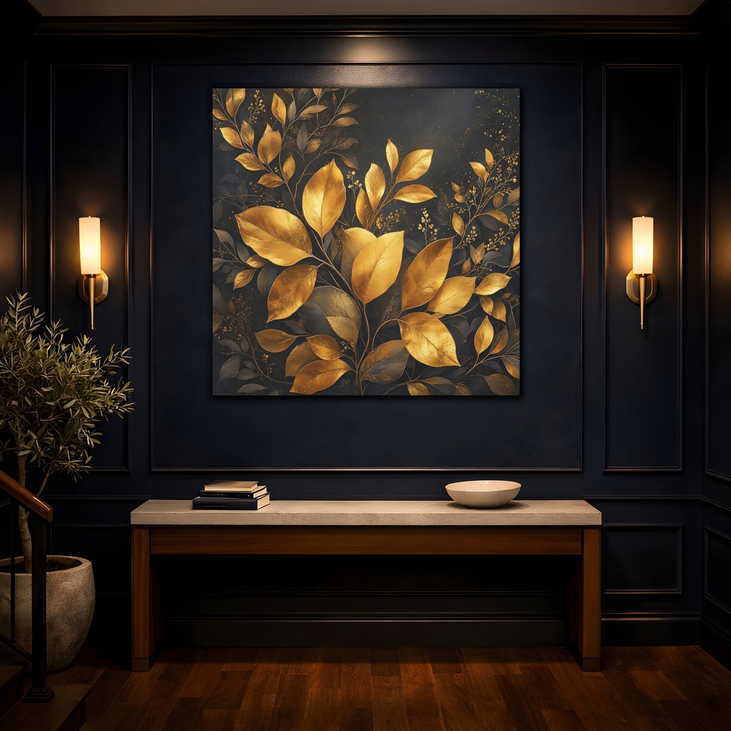 Mockup 4. Nature Golden Leaves Gold And Dark shown as stretched canvas wall art