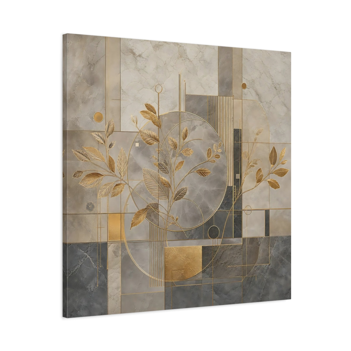 Main Mockup. Nature Golden Leaves Gold And Grey shown as stretched canvas wall art