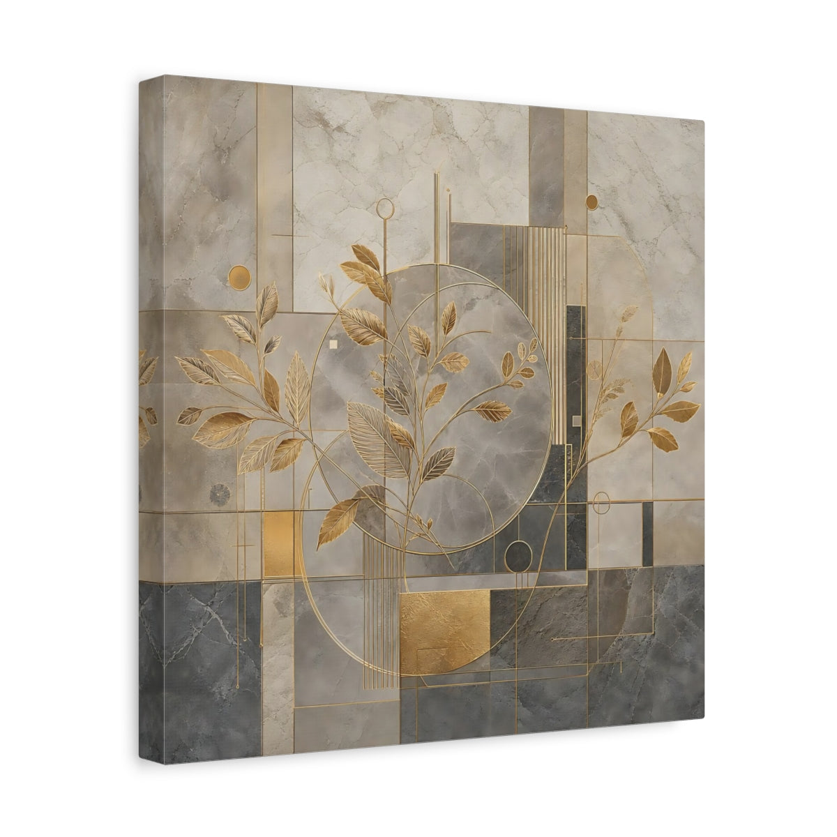 Side Mockup 7. Nature Golden Leaves Gold And Grey shown as stretched canvas wall art