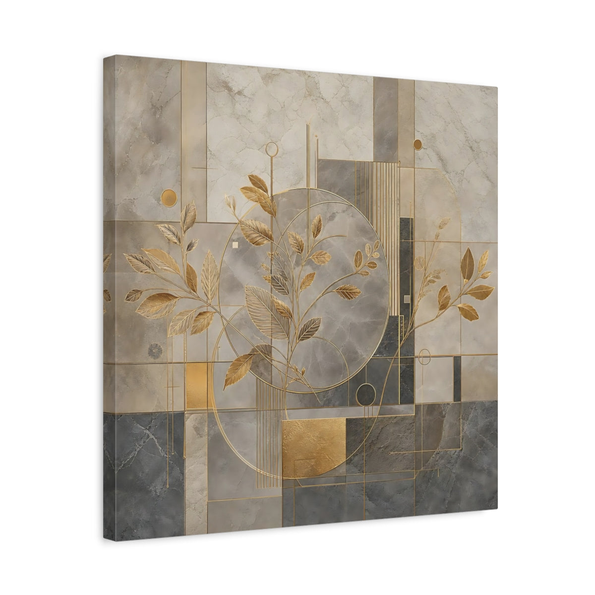 Side Mockup 5. Nature Golden Leaves Gold And Grey shown as stretched canvas wall art