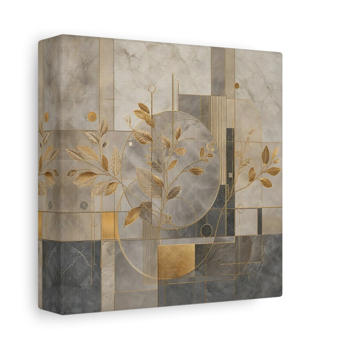 Side Mockup 2. Nature Golden Leaves Gold And Grey shown as stretched canvas wall art