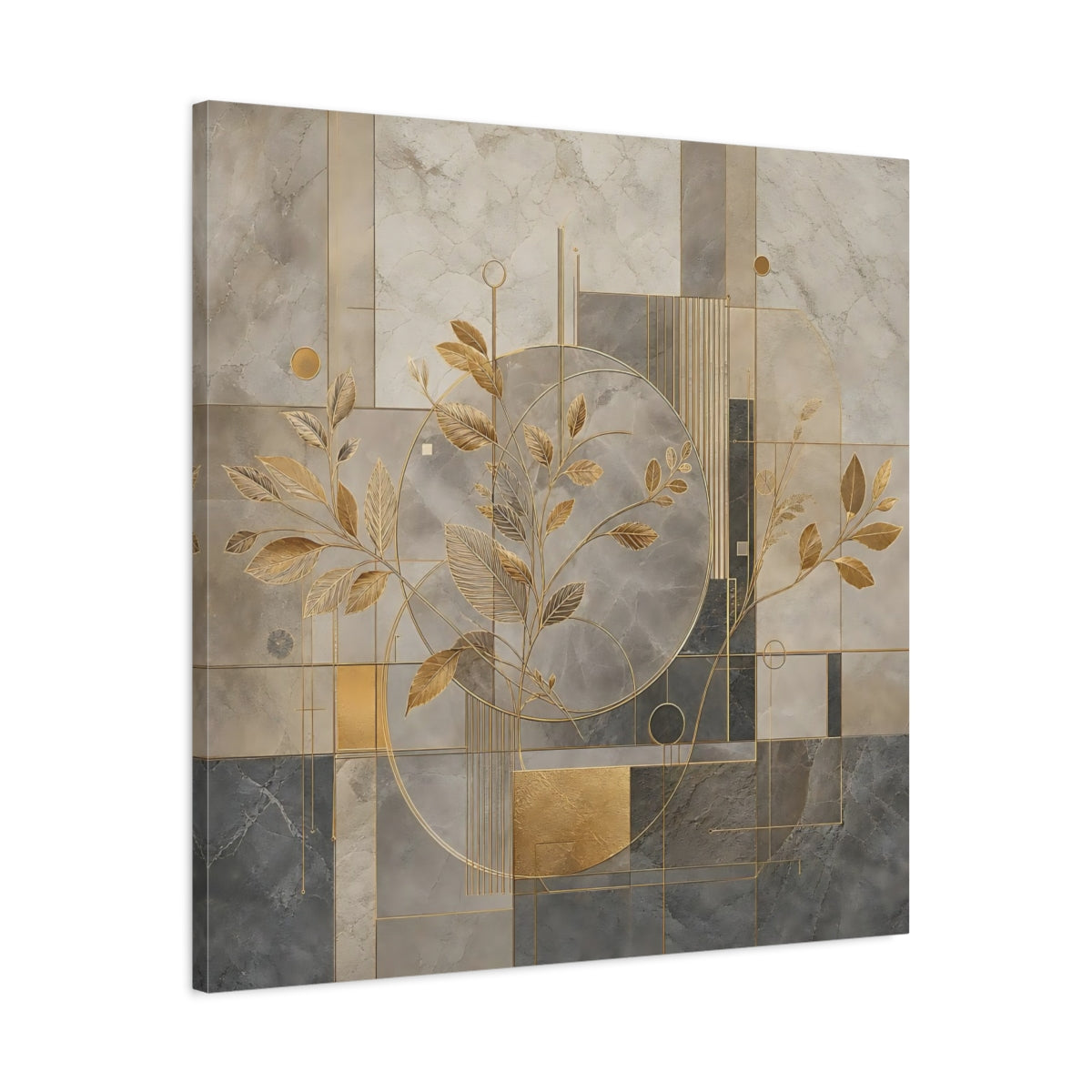 Side Mockup 3. Nature Golden Leaves Gold And Grey shown as stretched canvas wall art