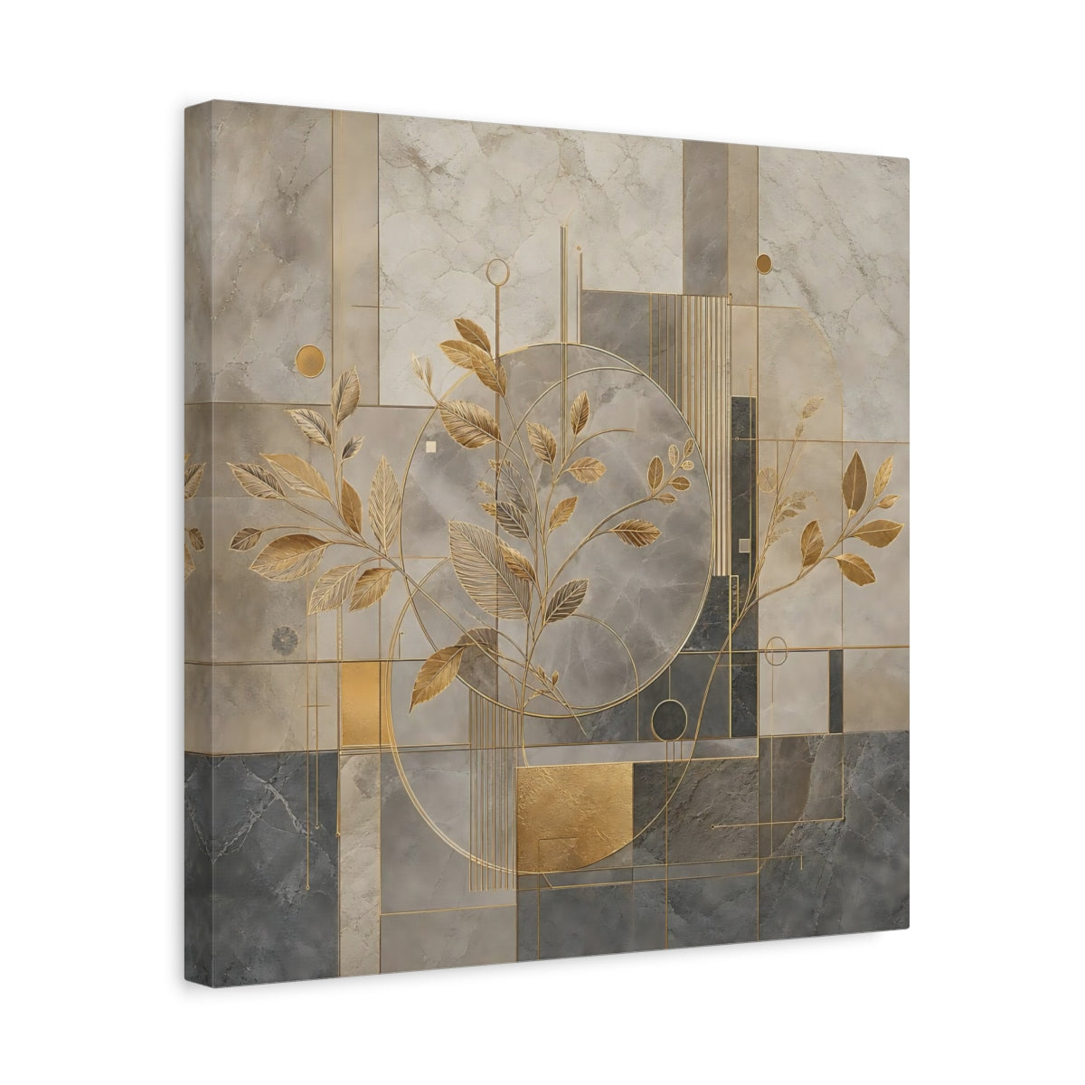 Side Mockup 6. Nature Golden Leaves Gold And Grey shown as stretched canvas wall art