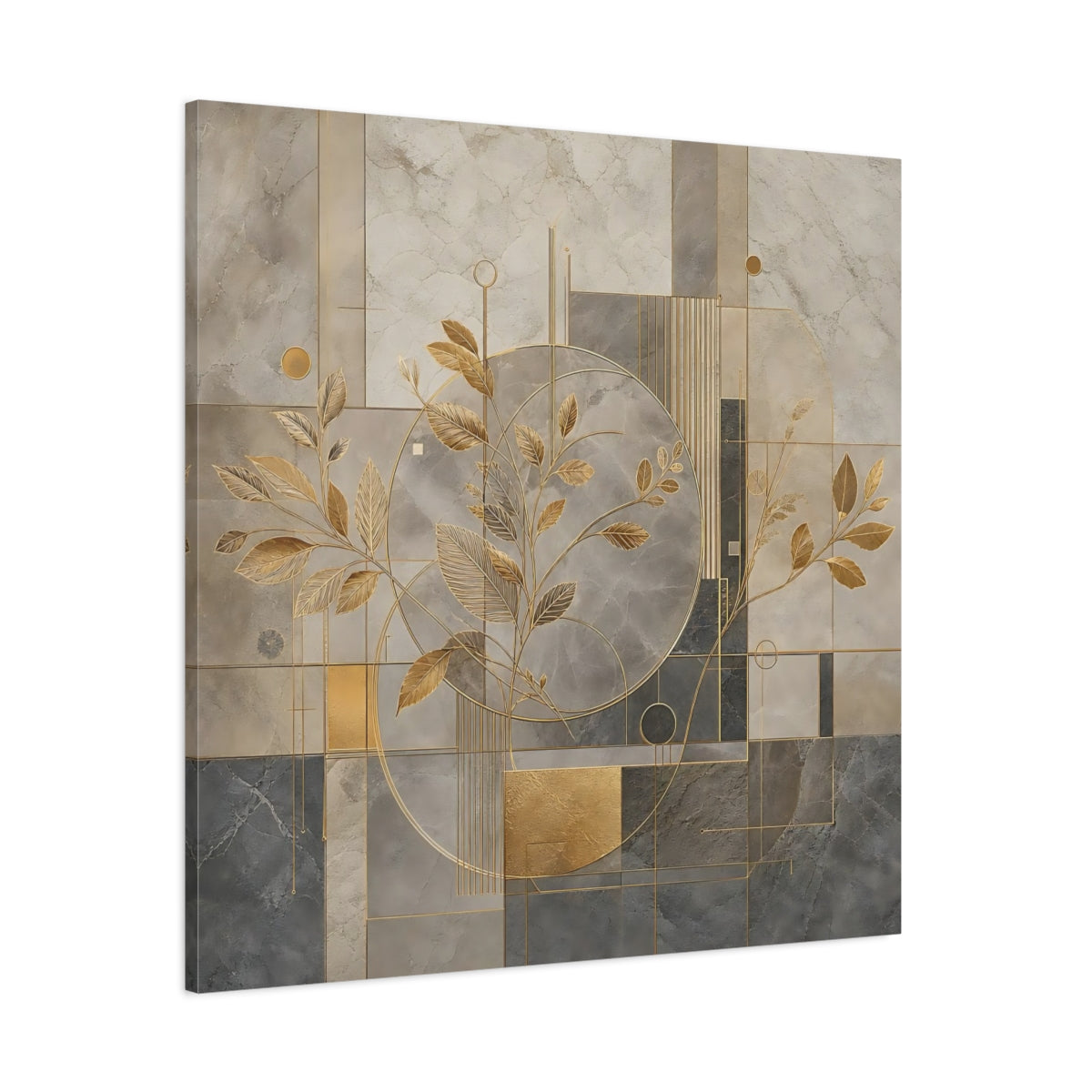 Side Mockup 1. Nature Golden Leaves Gold And Grey shown as stretched canvas wall art