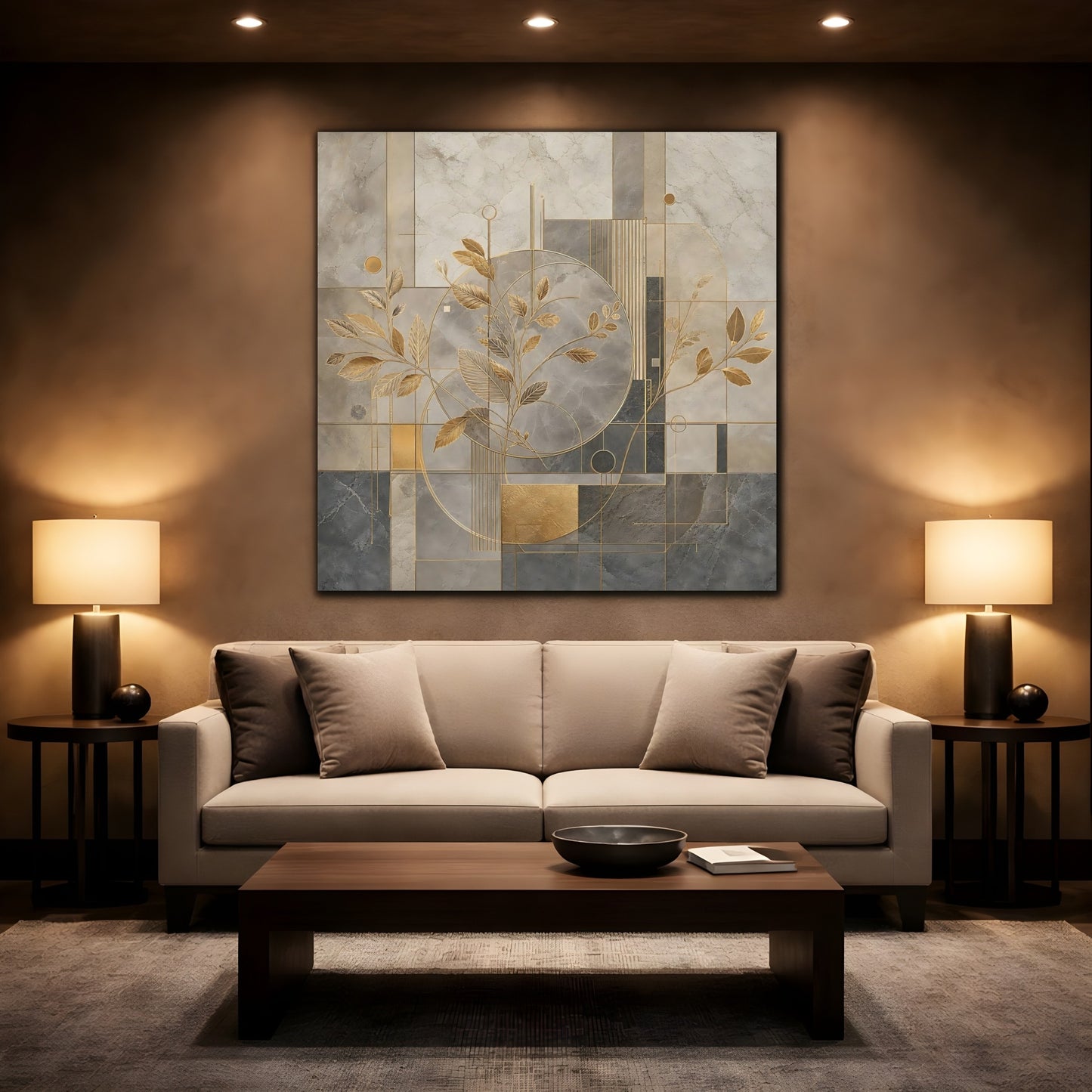 Mockup 2. Nature Golden Leaves Gold And Grey shown as stretched canvas wall art