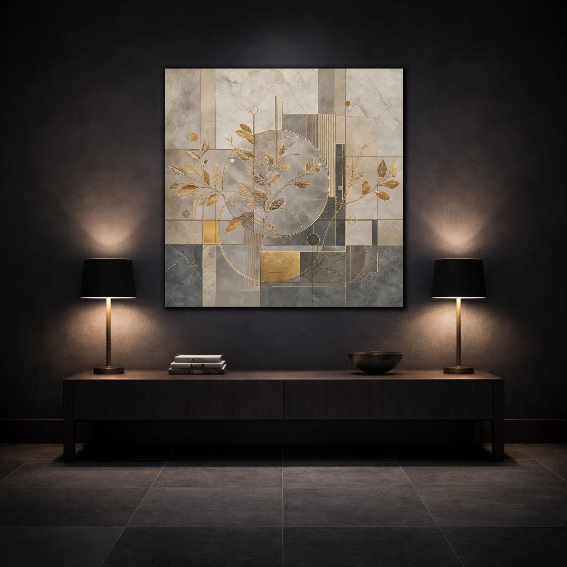 Mockup 3. Nature Golden Leaves Gold And Grey shown as stretched canvas wall art
