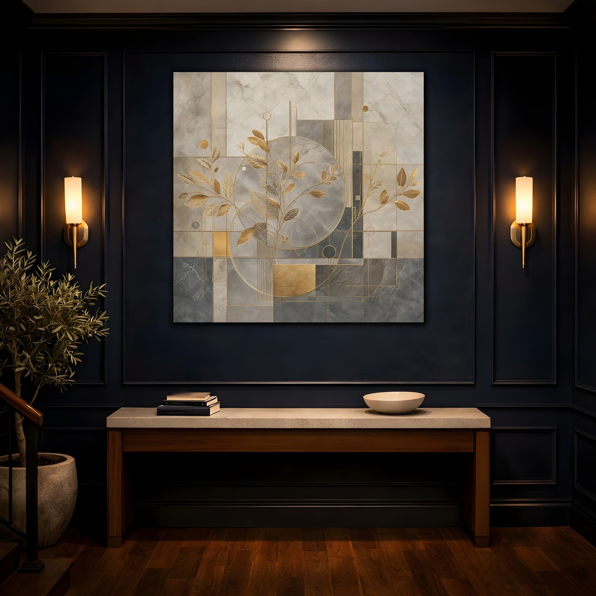 Mockup 4. Nature Golden Leaves Gold And Grey shown as stretched canvas wall art