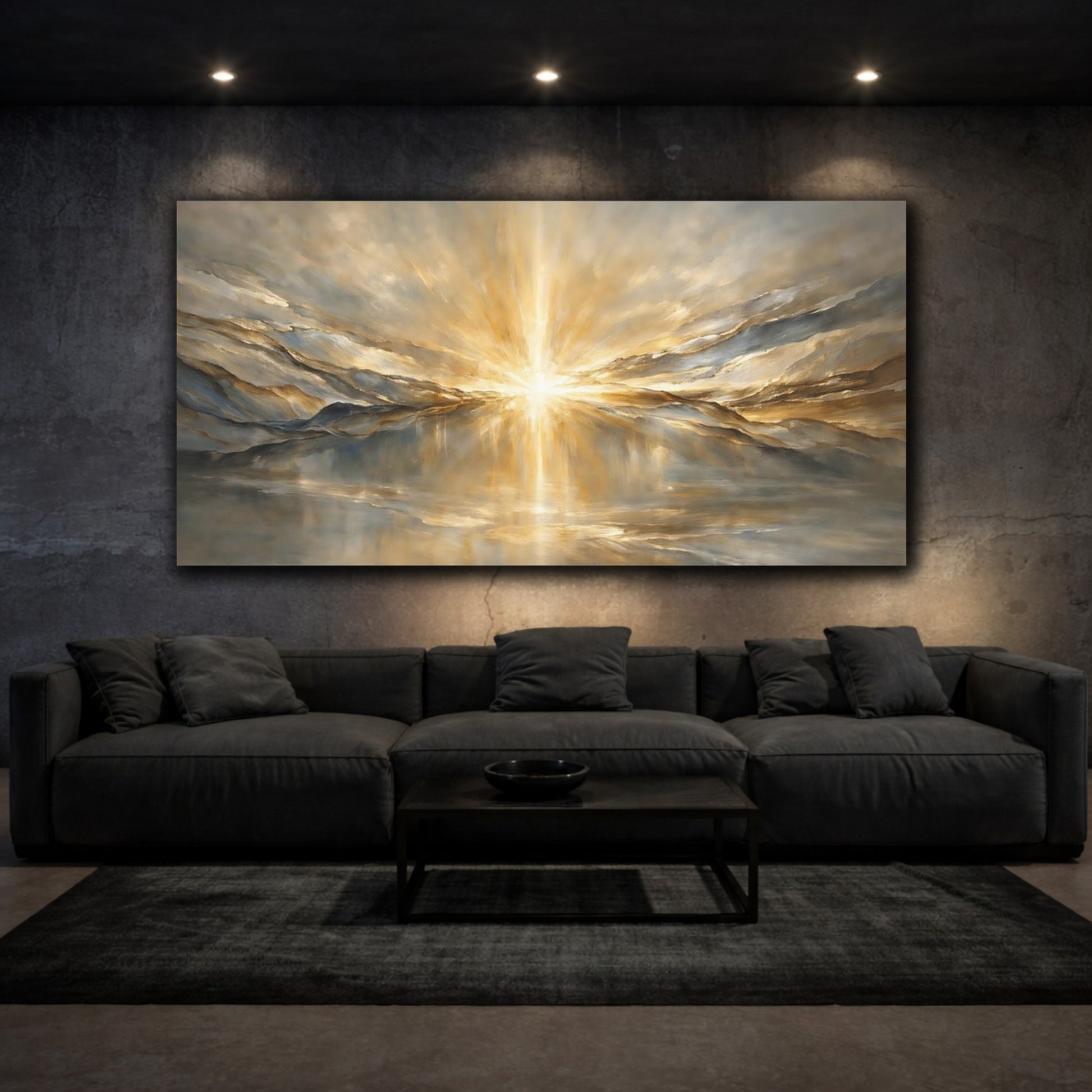 Mockup 2. Nature Golden Light Gold And Gray shown as stretched canvas wall art