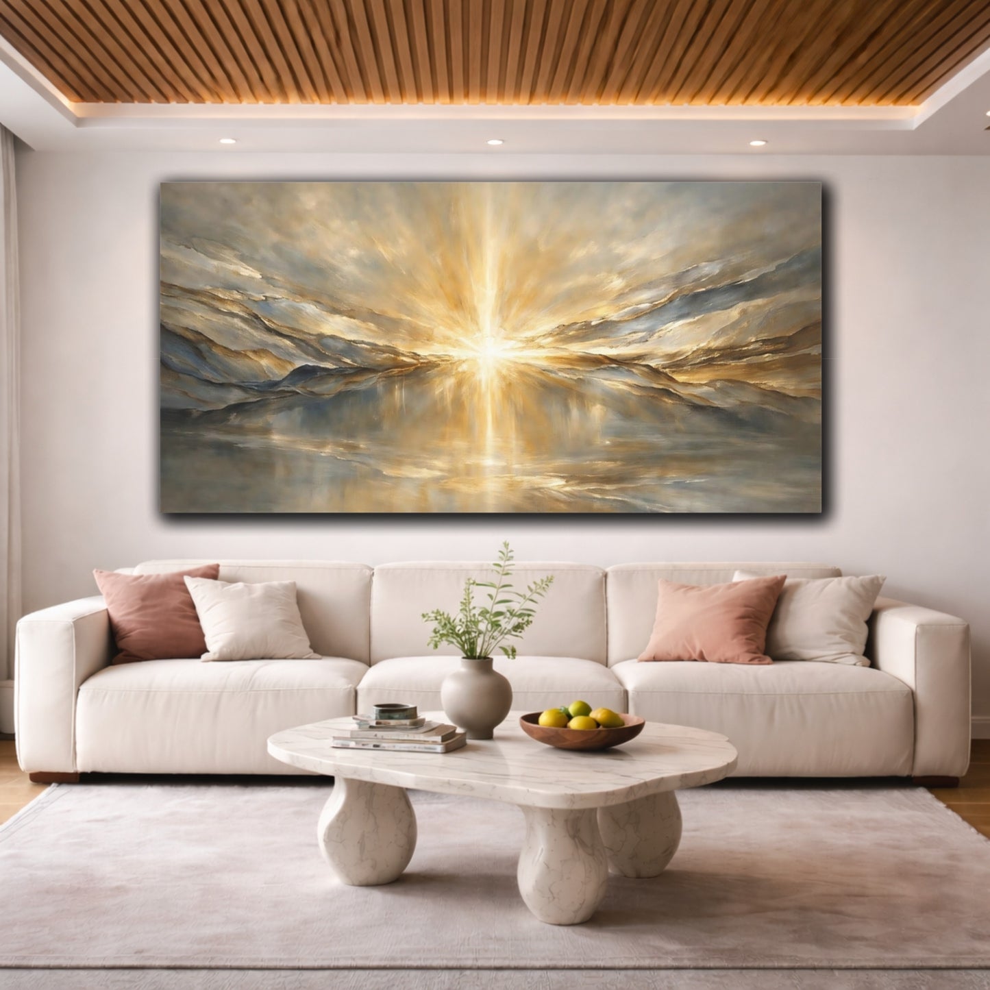 Mockup 3. Nature Golden Light Gold And Gray shown as stretched canvas wall art