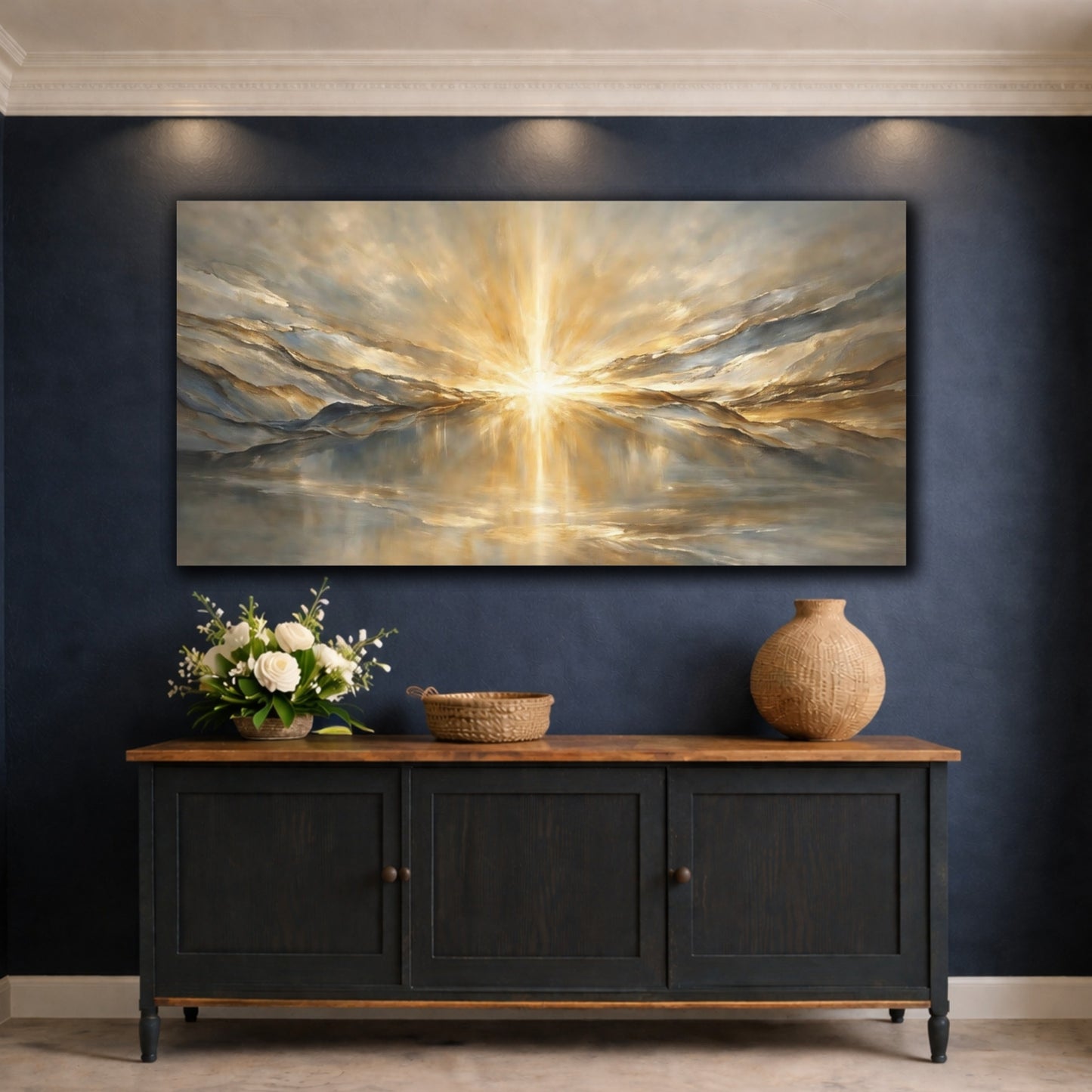 Mockup 4. Nature Golden Light Gold And Gray shown as stretched canvas wall art