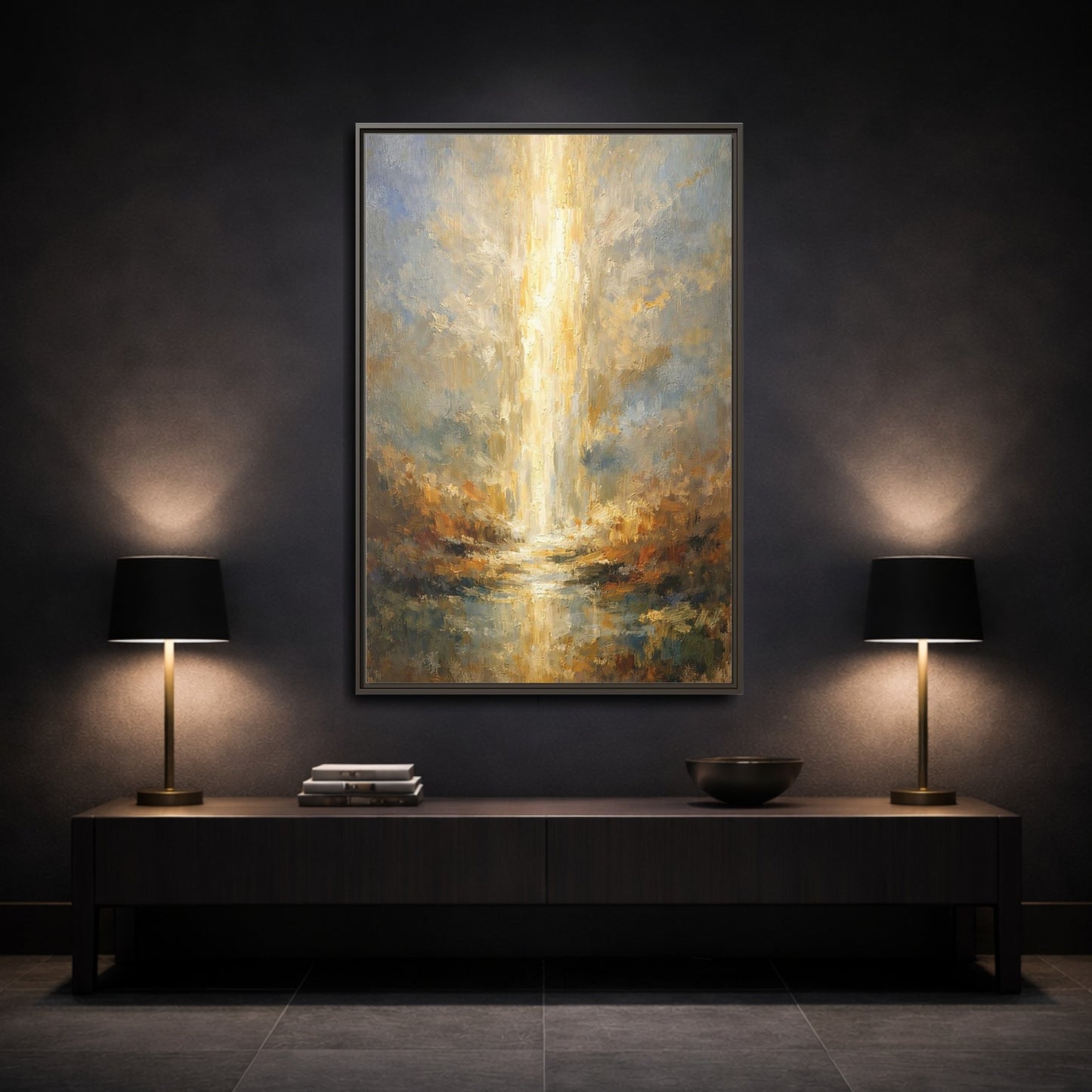 Mockup 2. Nature Golden Light Golden Light Abstract shown as stretched canvas wall art