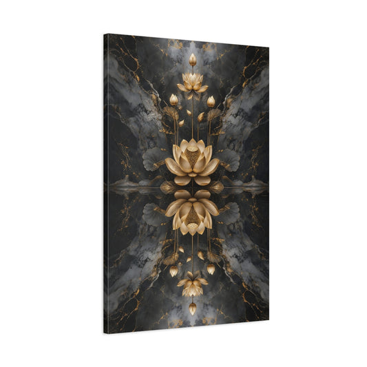 Main Mockup. Nature Golden Lotus Gold And Black shown as stretched canvas wall art
