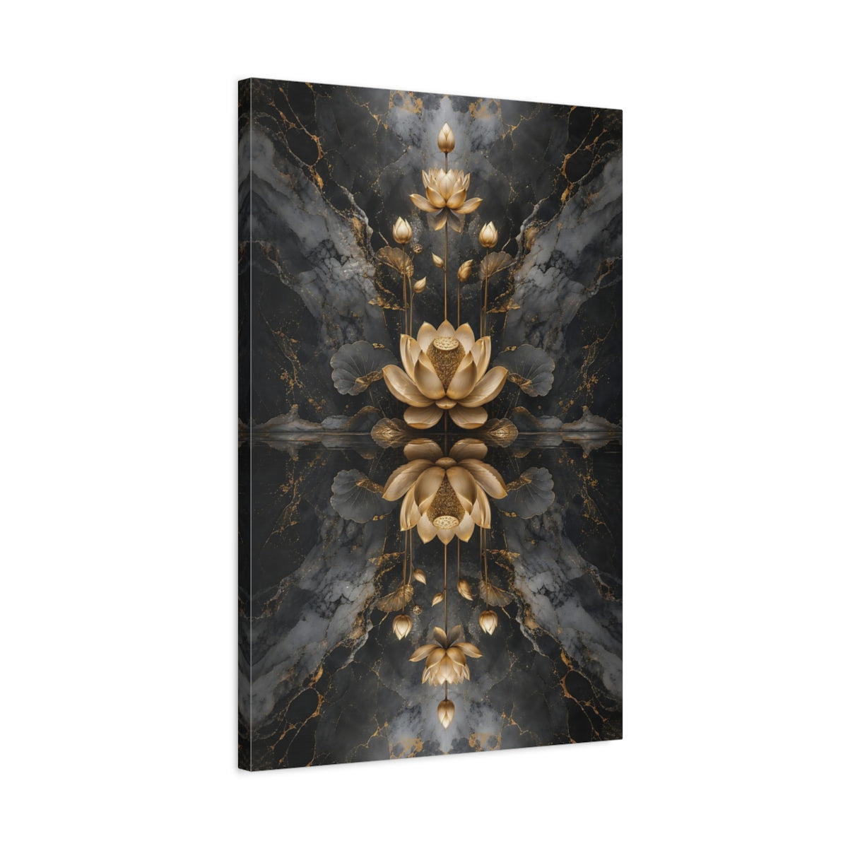Side Mockup 2. Nature Golden Lotus Gold And Black shown as stretched canvas wall art