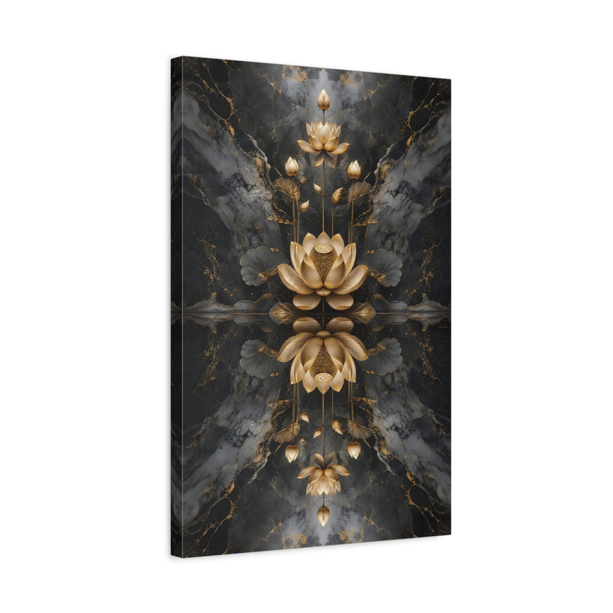 Side Mockup 3. Nature Golden Lotus Gold And Black shown as stretched canvas wall art