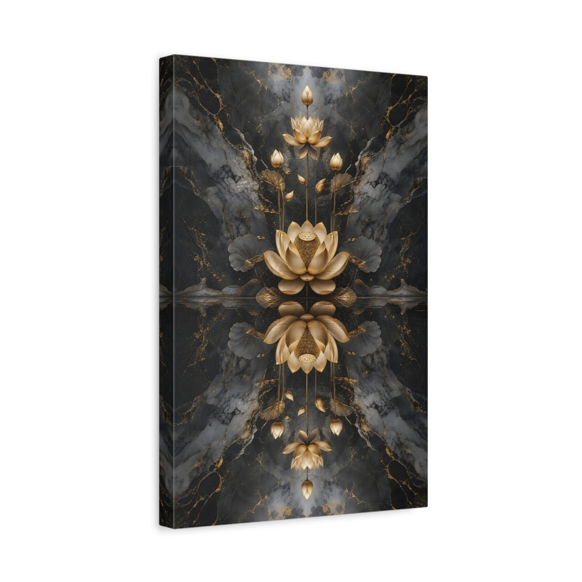 Side Mockup 4. Nature Golden Lotus Gold And Black shown as stretched canvas wall art