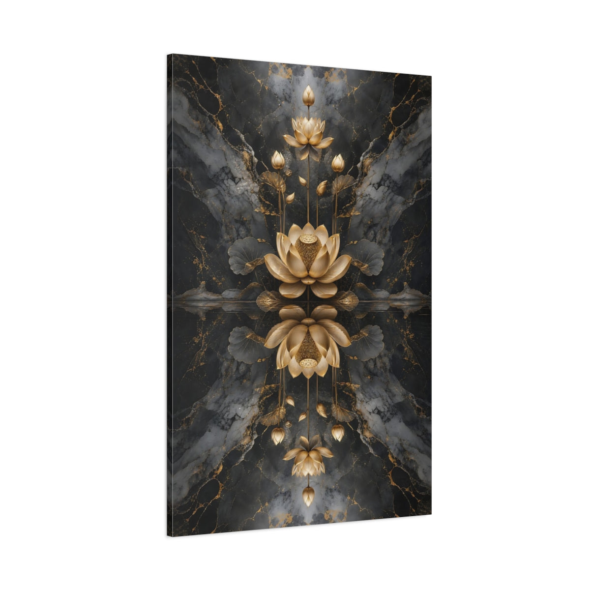 Side Mockup 1. Nature Golden Lotus Gold And Black shown as stretched canvas wall art
