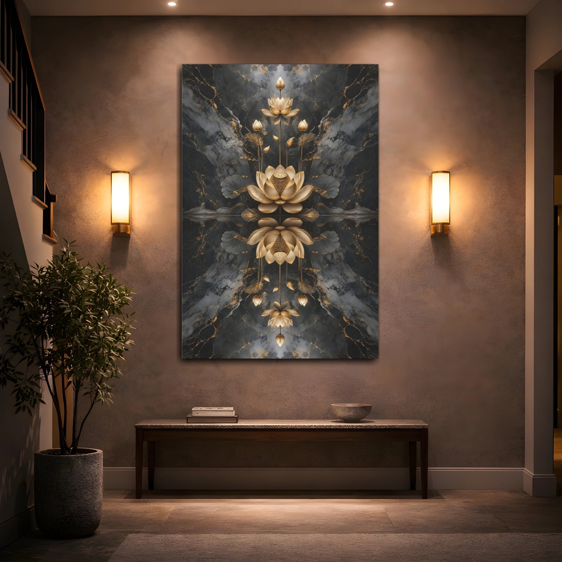 Mockup 2. Nature Golden Lotus Gold And Black shown as stretched canvas wall art
