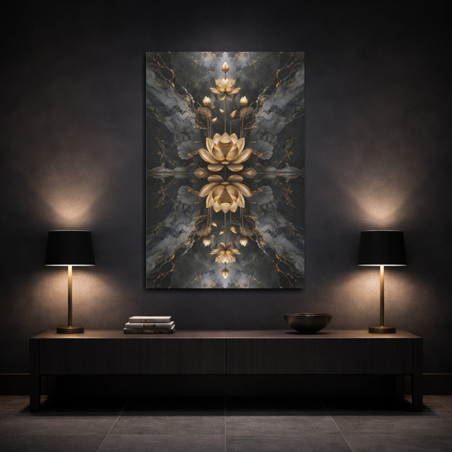 Mockup 3. Nature Golden Lotus Gold And Black shown as stretched canvas wall art