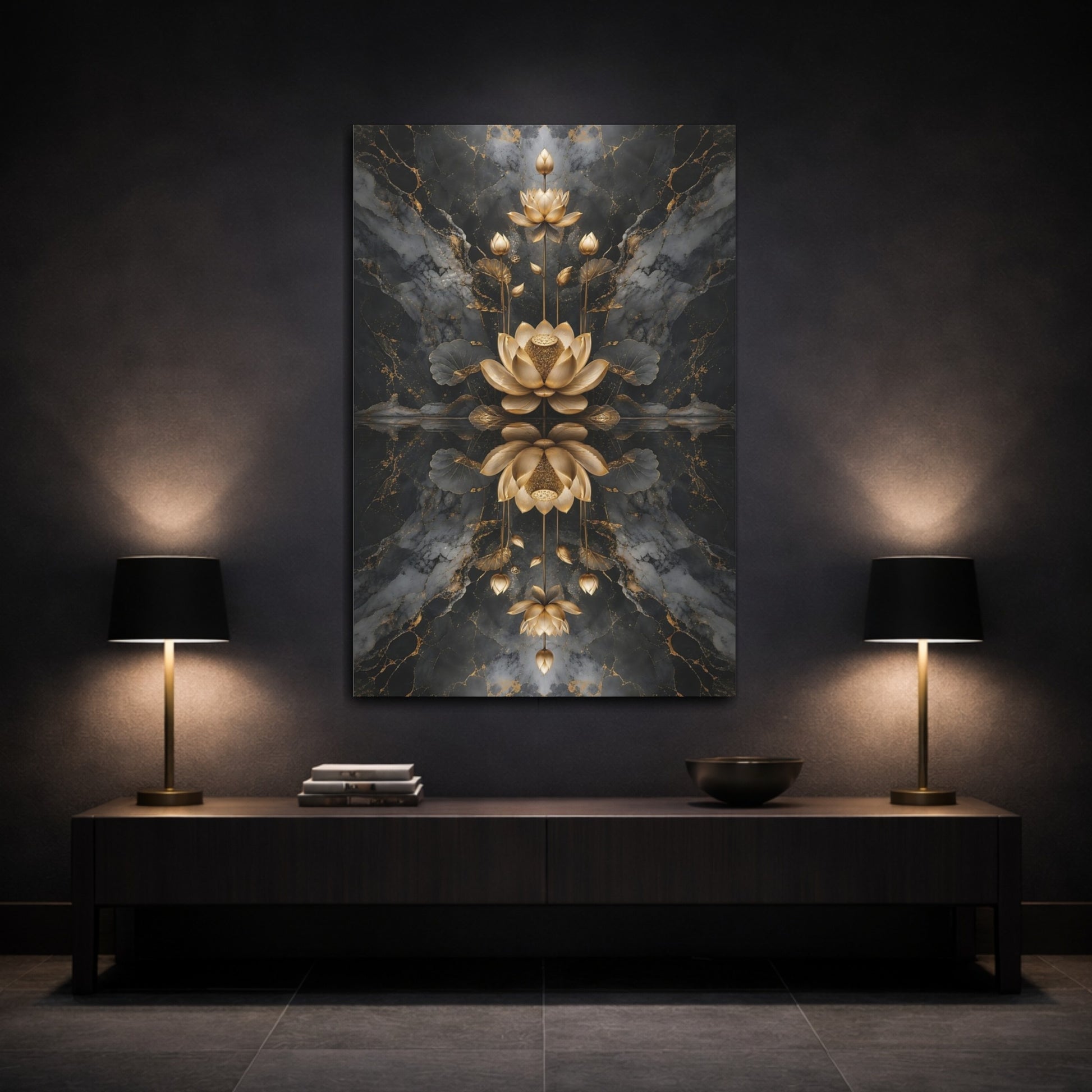 Mockup 3. Nature Golden Lotus Gold And Black shown as stretched canvas wall art