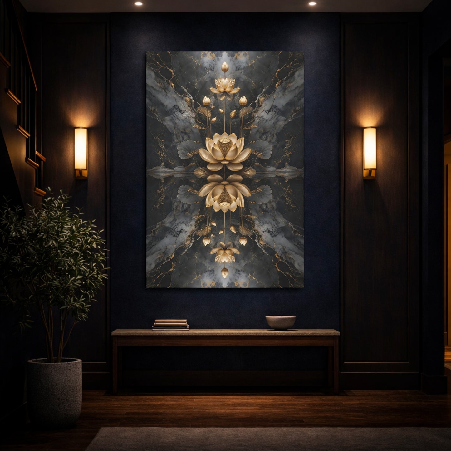 Mockup 4. Nature Golden Lotus Gold And Black shown as stretched canvas wall art