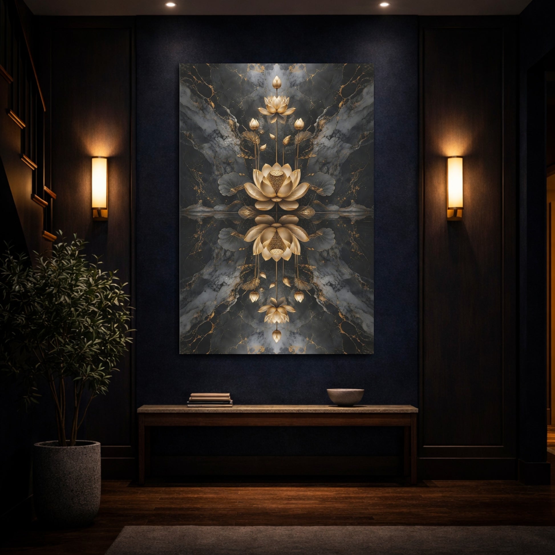 Mockup 4. Nature Golden Lotus Gold And Black shown as stretched canvas wall art