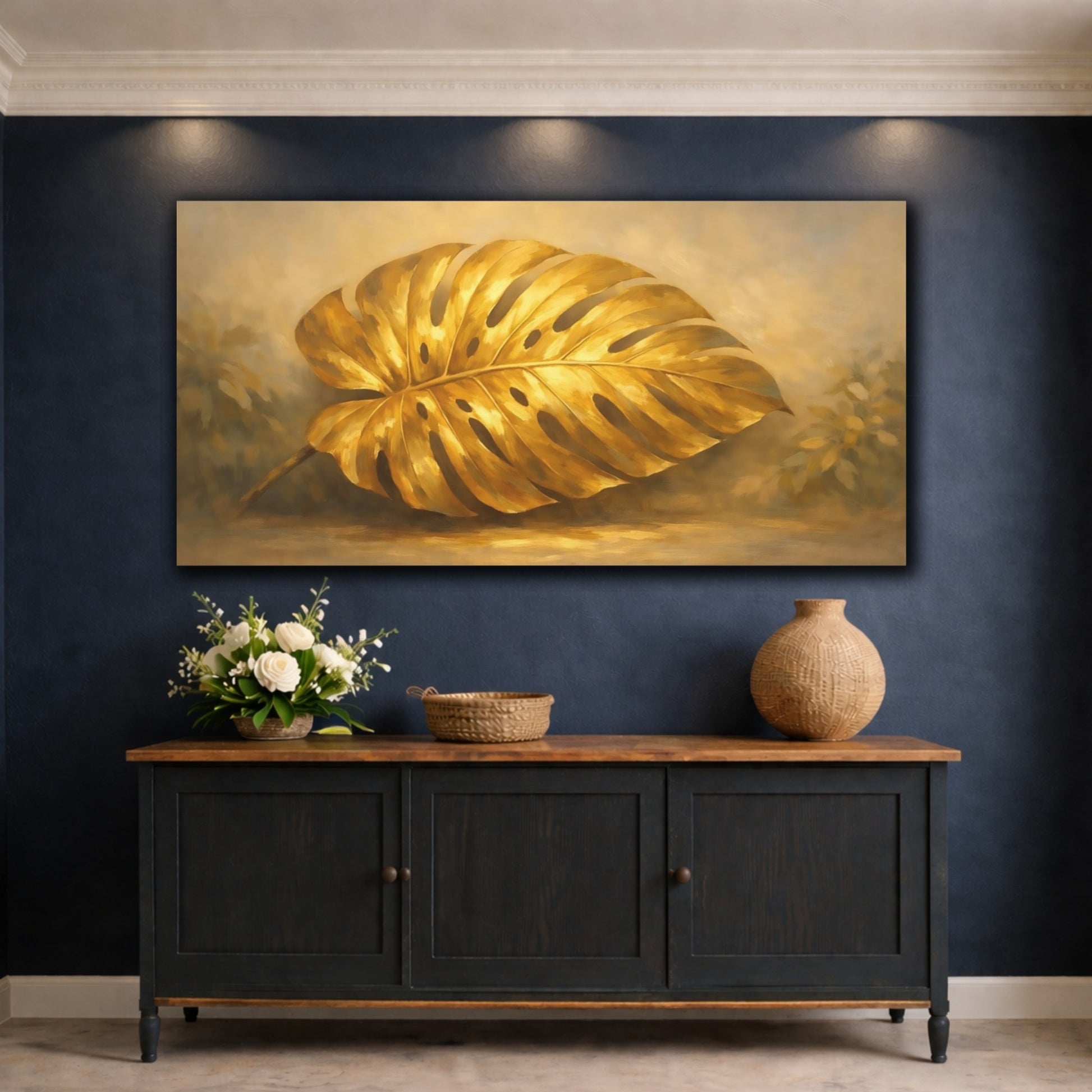 Mockup 4. Nature Golden Monstera Golden Monstera shown as stretched canvas wall art
