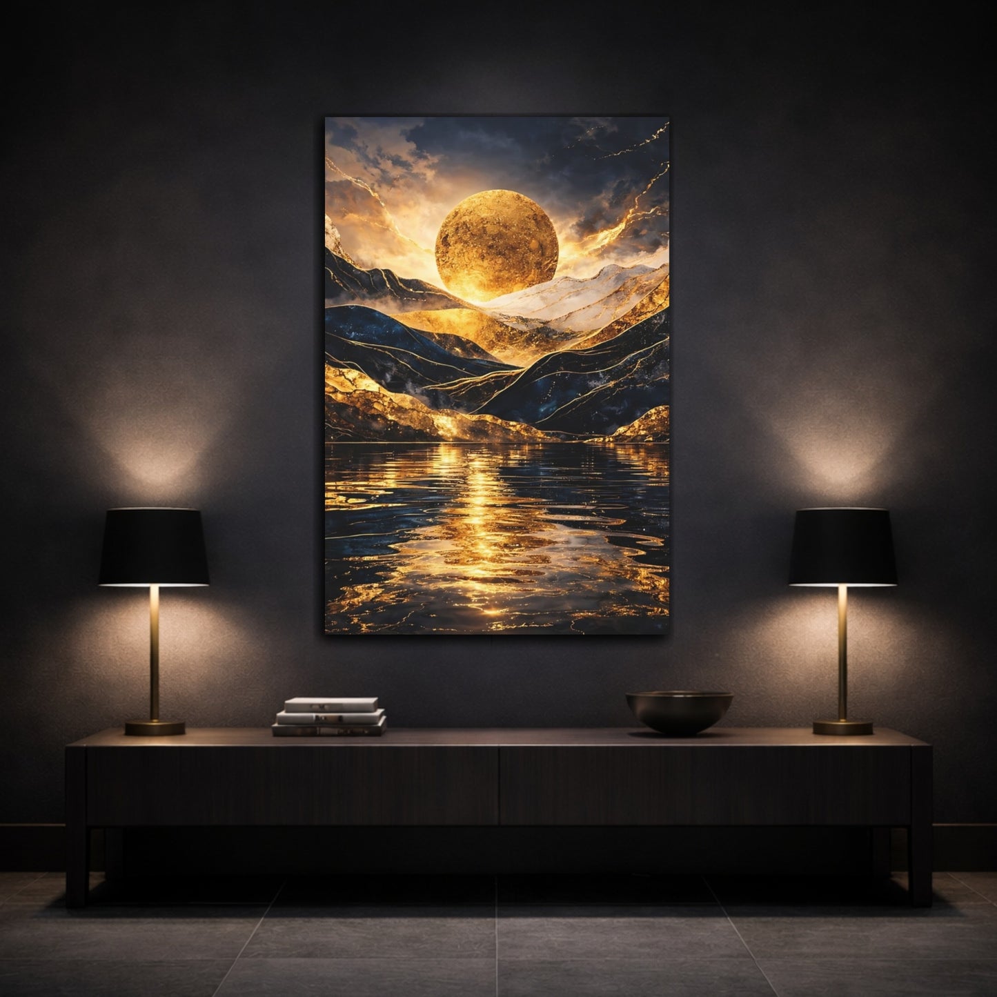 Mockup 2. Nature Golden Mountains Gold And Blue shown as stretched canvas wall art