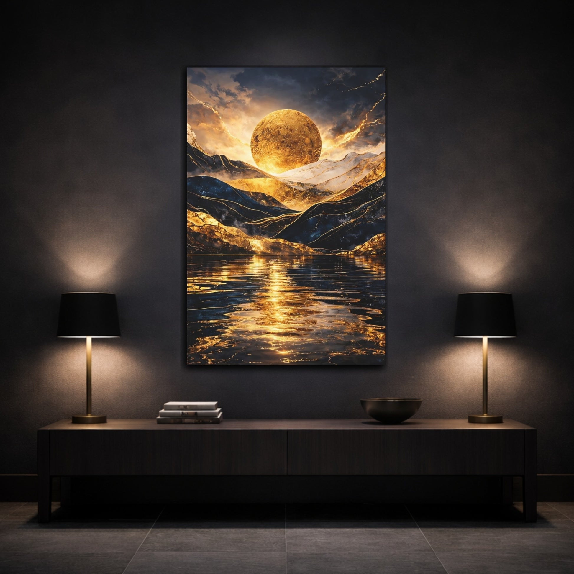 Mockup 2. Nature Golden Mountains Gold And Blue shown as stretched canvas wall art