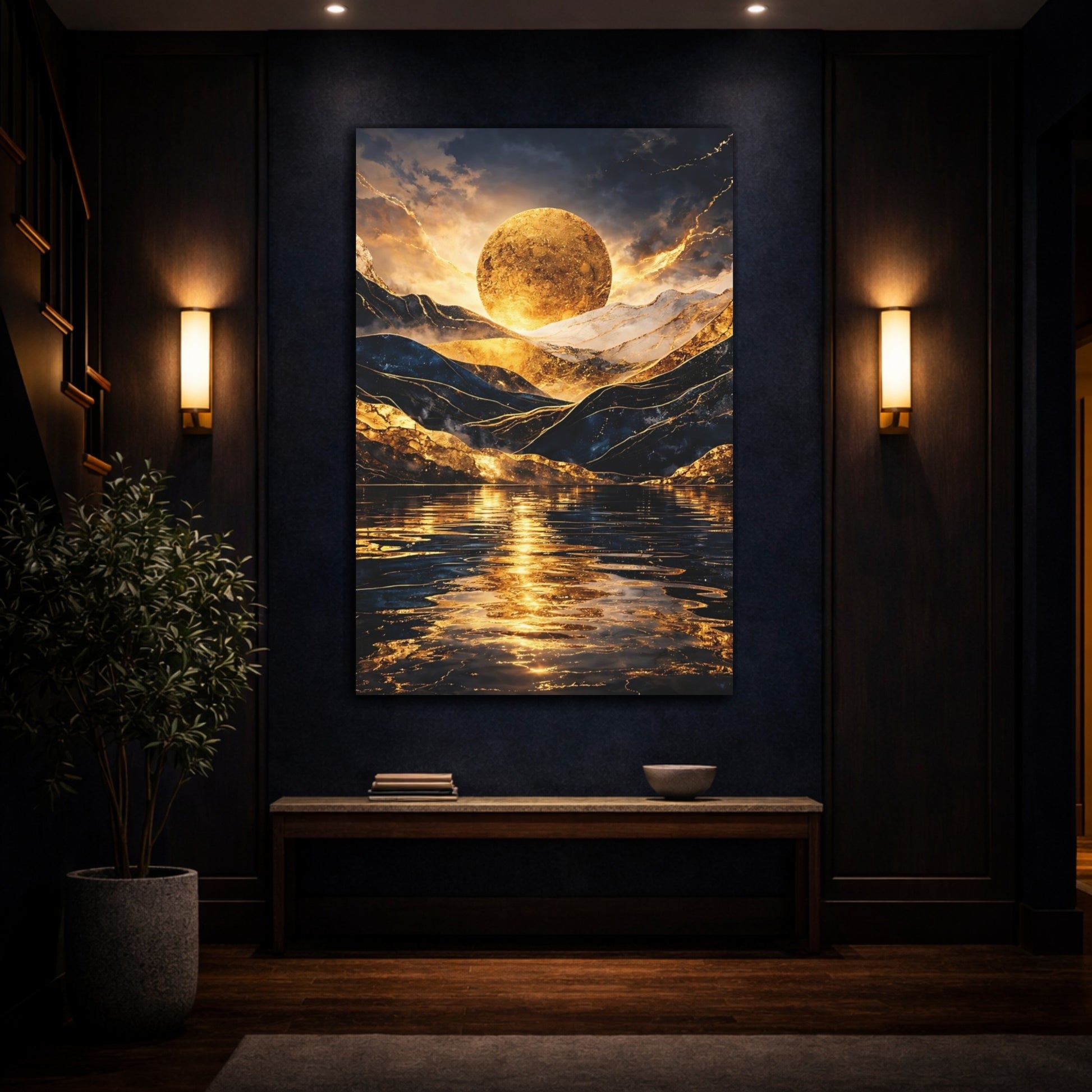 Mockup 4. Nature Golden Mountains Gold And Blue shown as stretched canvas wall art