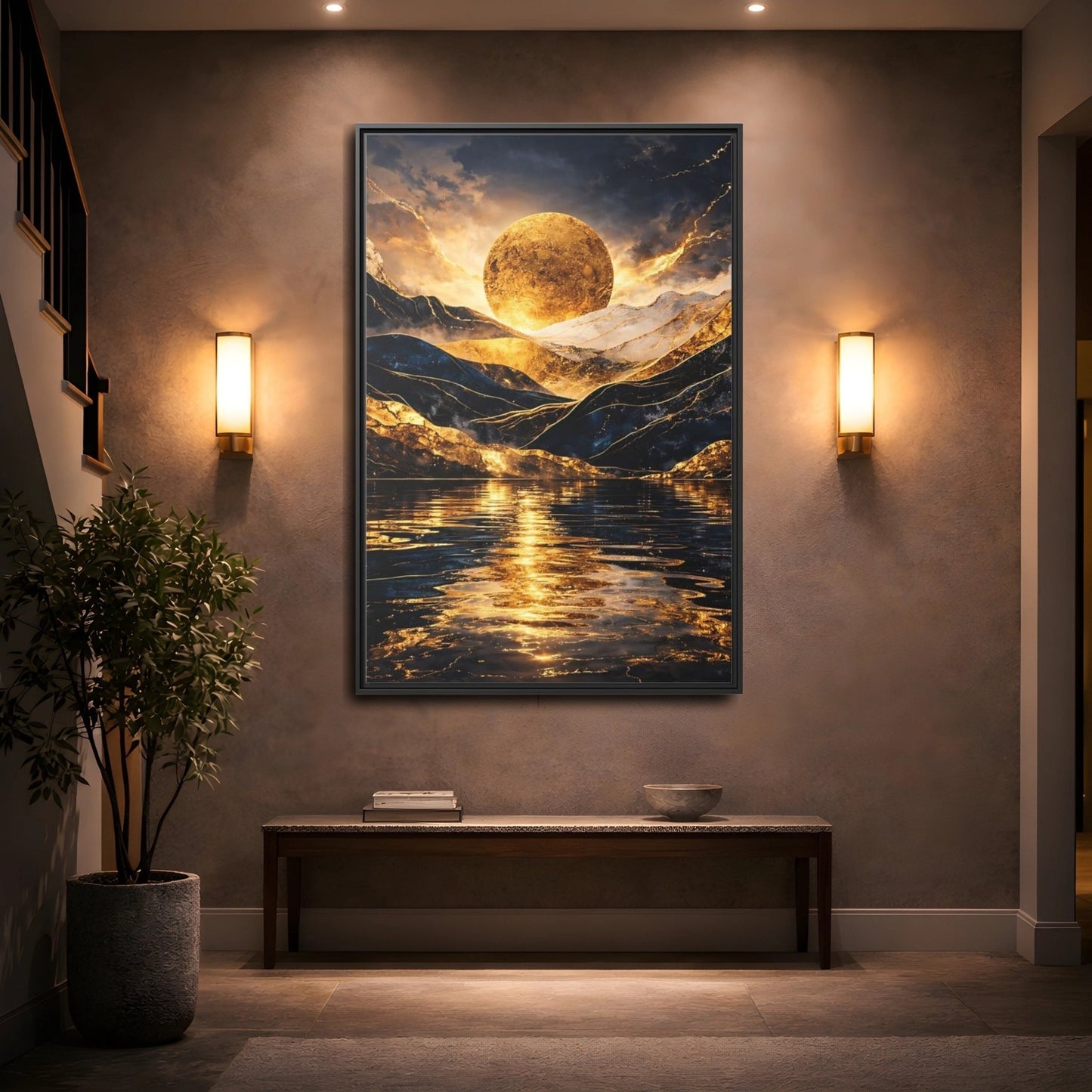 Nature Golden Mountains Gold - Framed Canvas Wall Art Print - YesArtYes