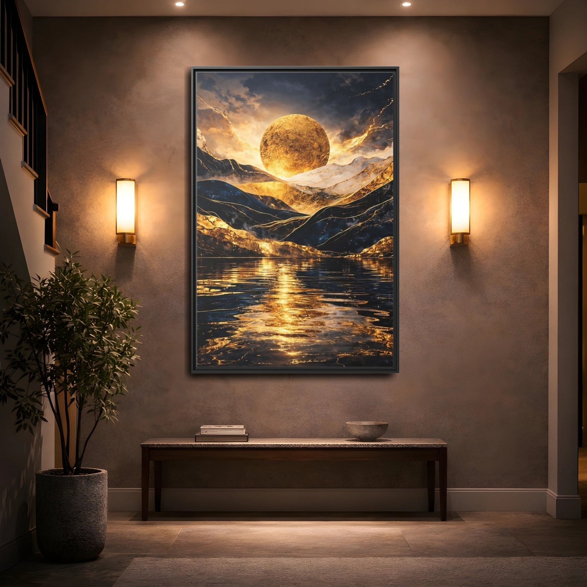 Nature Golden Mountains Gold - Framed Canvas Wall Art Print - YesArtYes